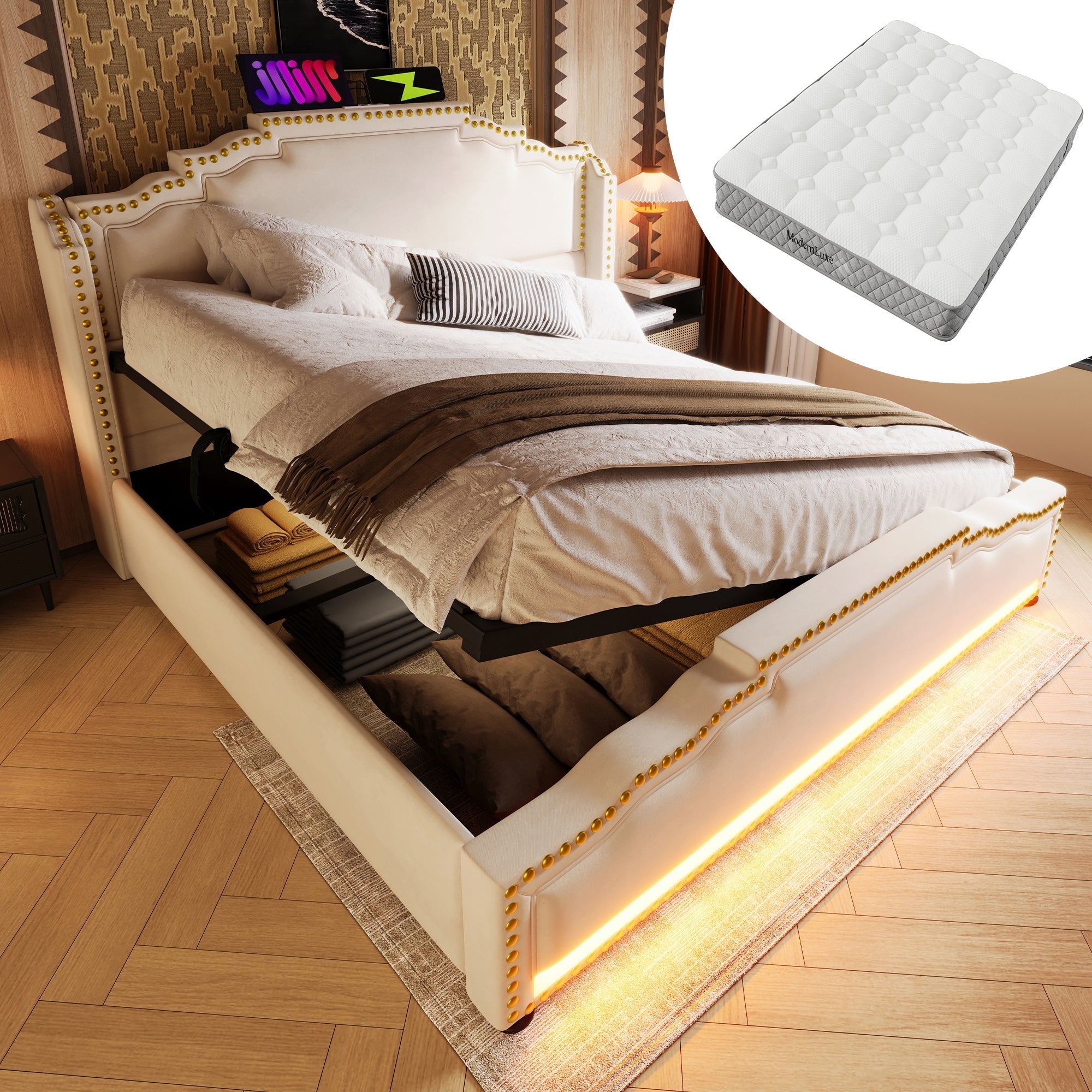 Upholstered Bed 140x200, Hydraulic Storage, LED, USB-C, Slatted Frame, Beige Velvet