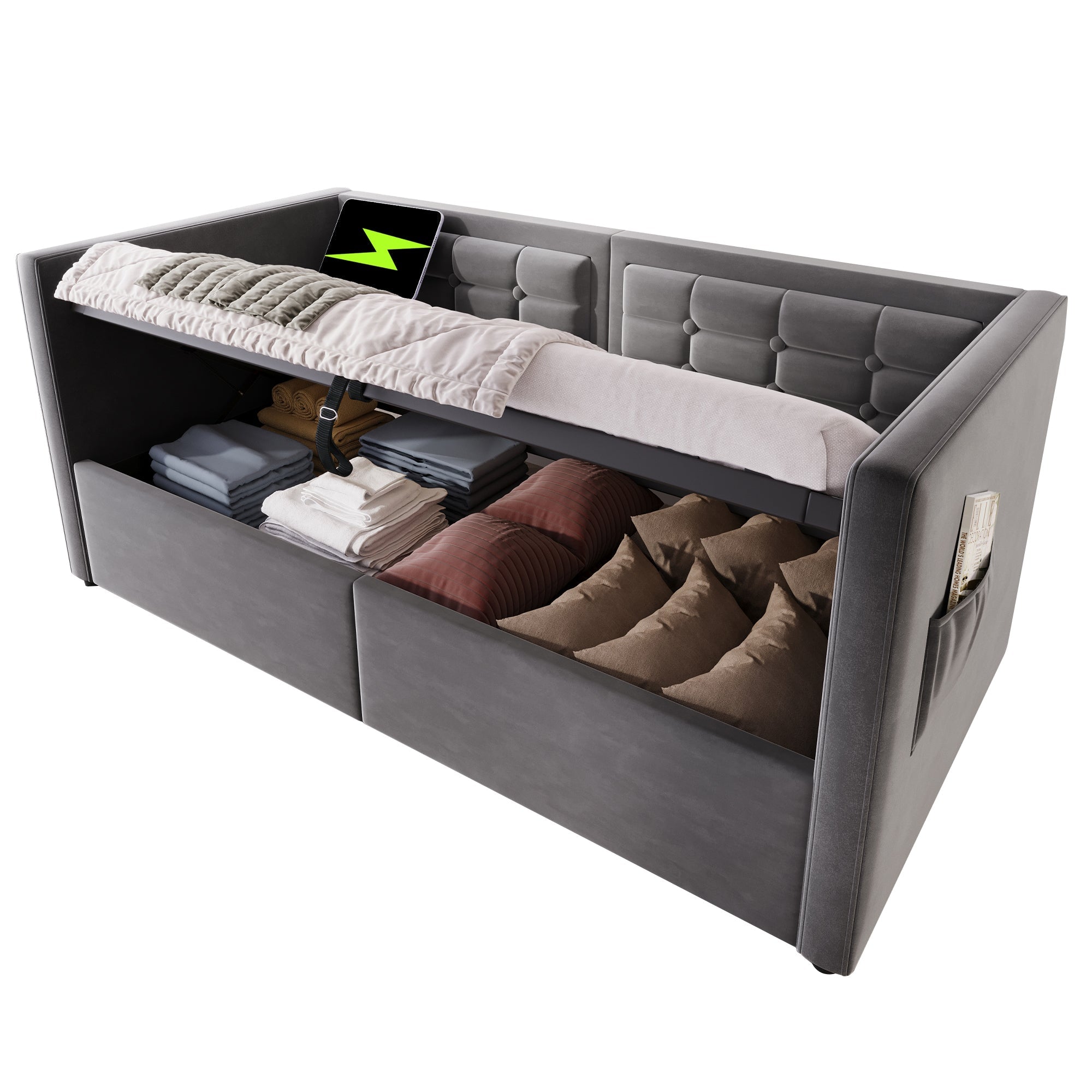 Upholstered Sofa Bed, 90x190 cm Single with USB & Type-C Charging, Gray Velvet