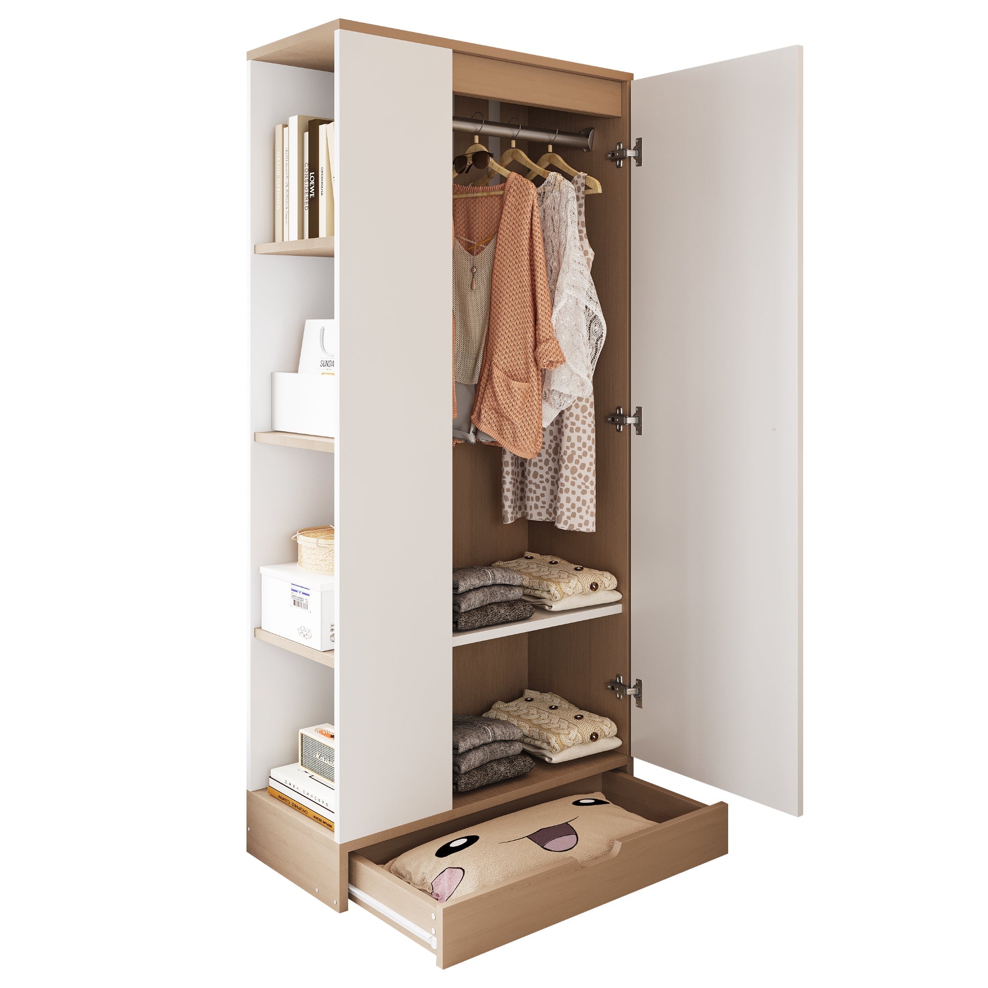 Wardrobe 70x40x170cm Single Door with Shelves and Drawers, Natural Wood/White