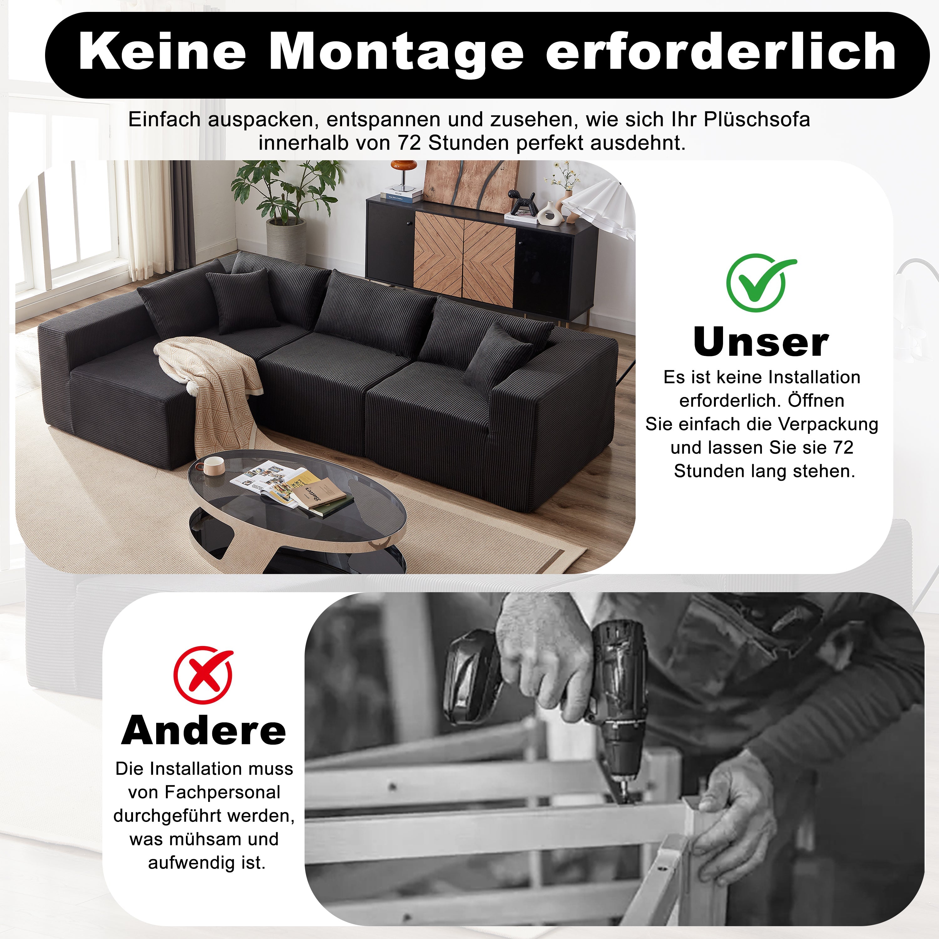 Modular L-Shaped Sectional Sofa 104-Inch 4-Piece Foam-Filled - Corduroy