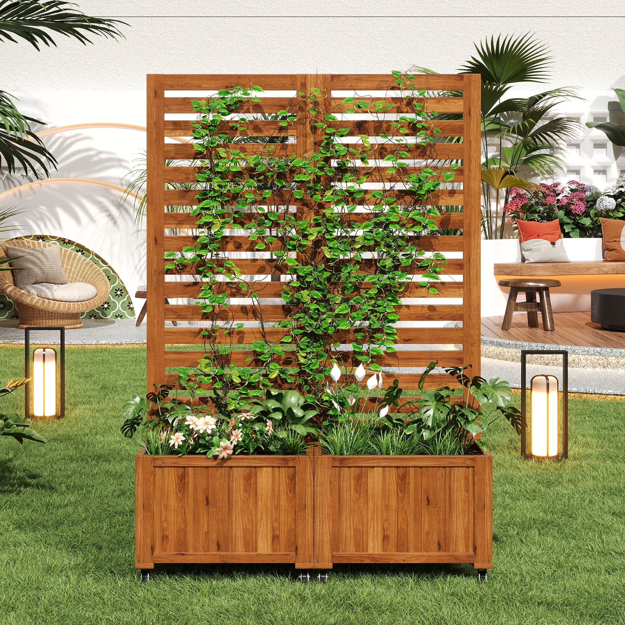 Planter Box with Trellis & Folding Wheels - Brown Solid Wood