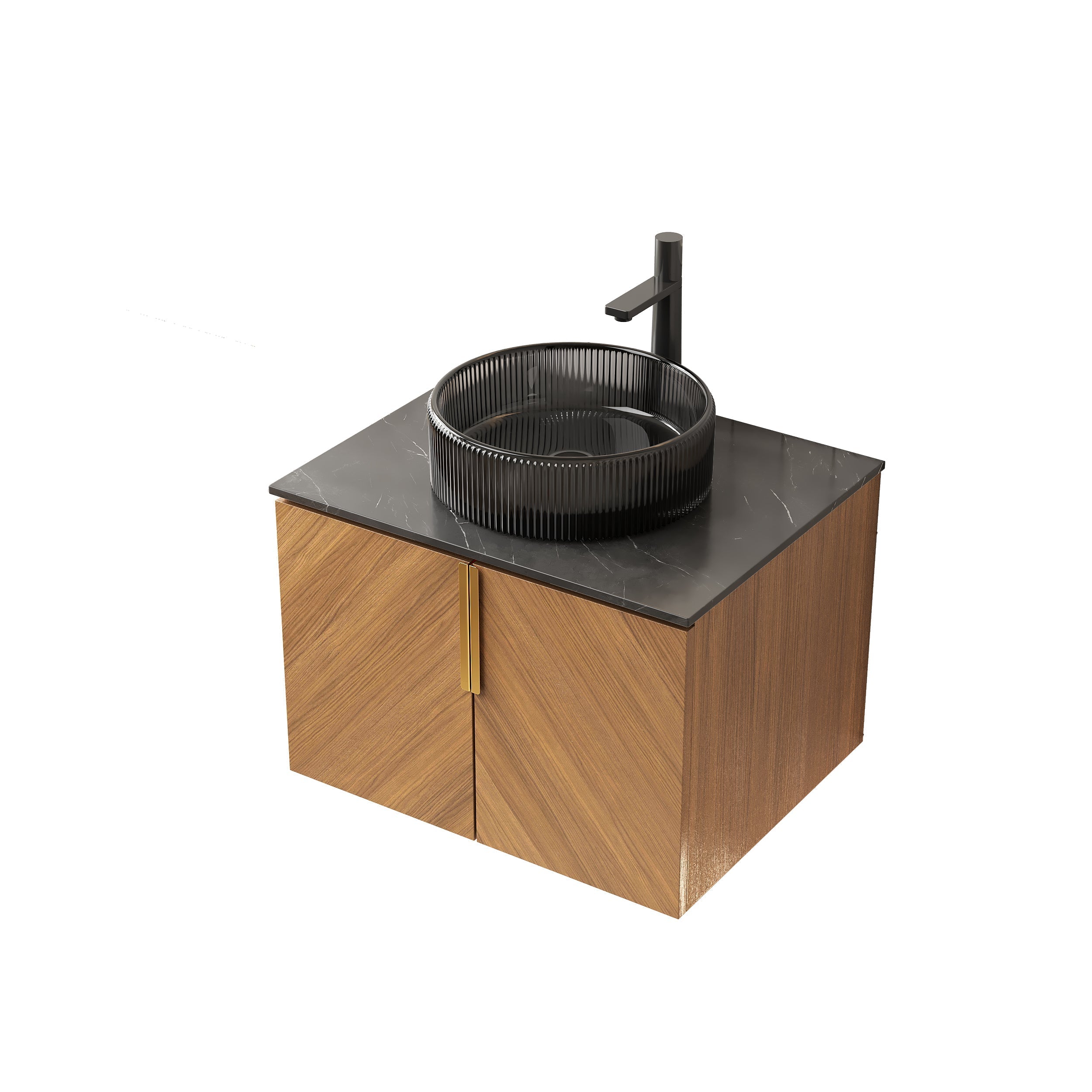 ARAI 61cm Wall Mount Bathroom Vanity with Black Round Glass Basin and 2 Doors, Espresso Wood Grain
