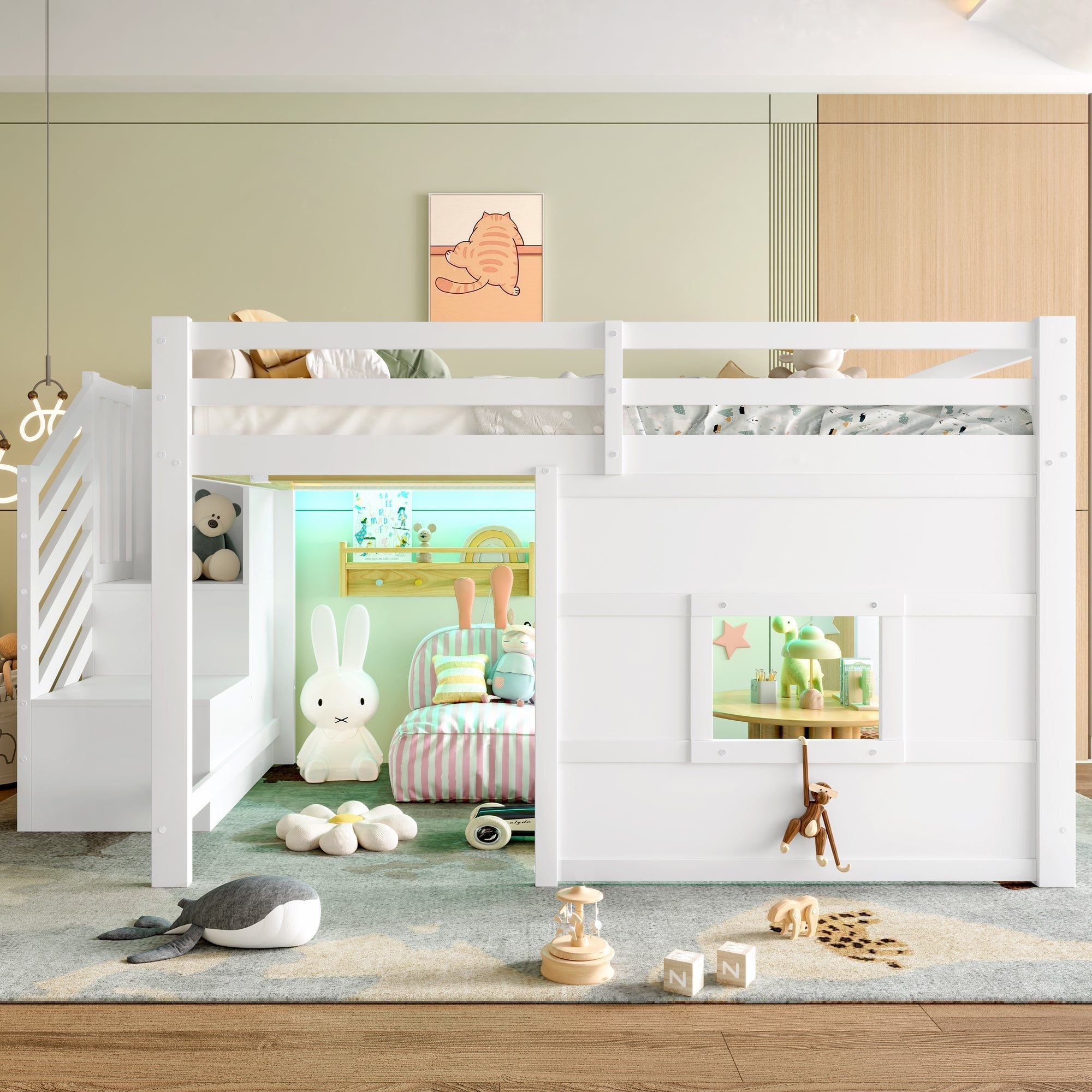 Loft Bed 140x200 with Storage Stairs and Window, White