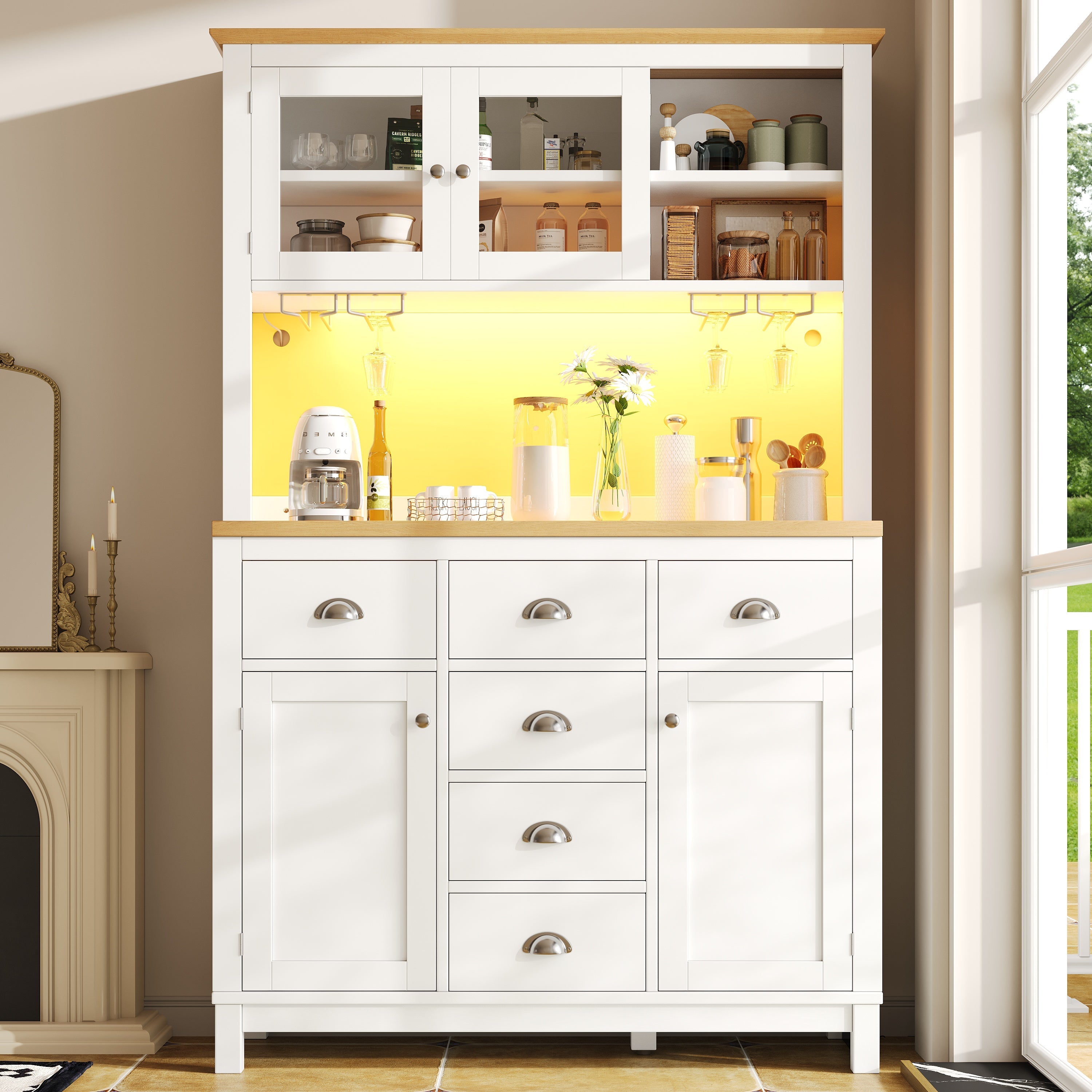 Sideboard Buffet Cabinet with 4 Doors and LED Light Strip, Green and White