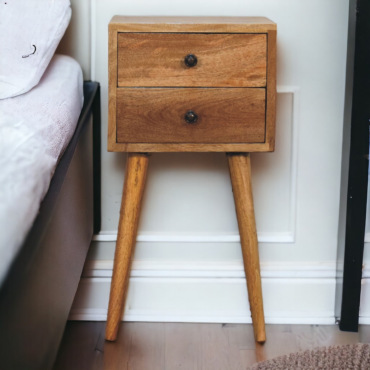 Solid Wood Mini Bedside, 2 Drawers, Brown