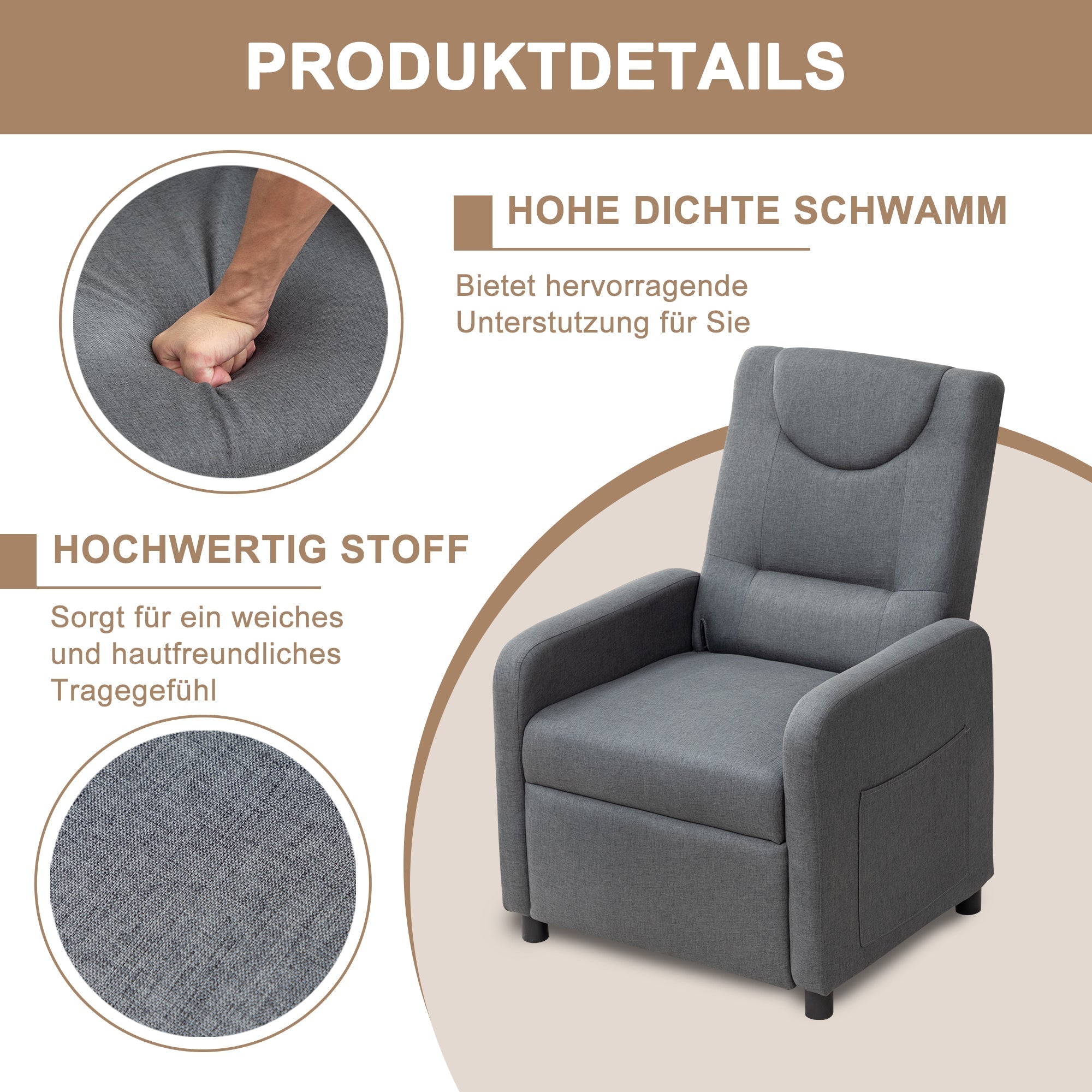 Reclining Armchair Adjustable Function - Dark Grey