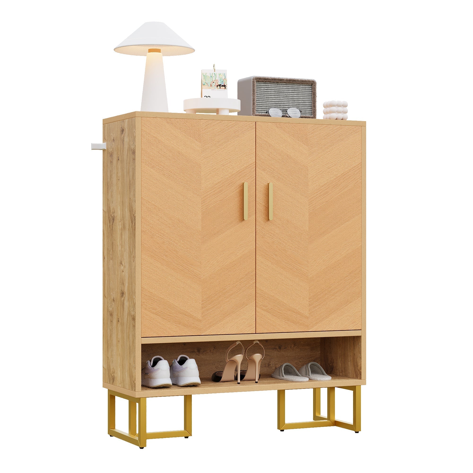 Narrow Shoe Cabinet Modern Minimalist 2-Door Storage - Wood Grain/Golden Frame