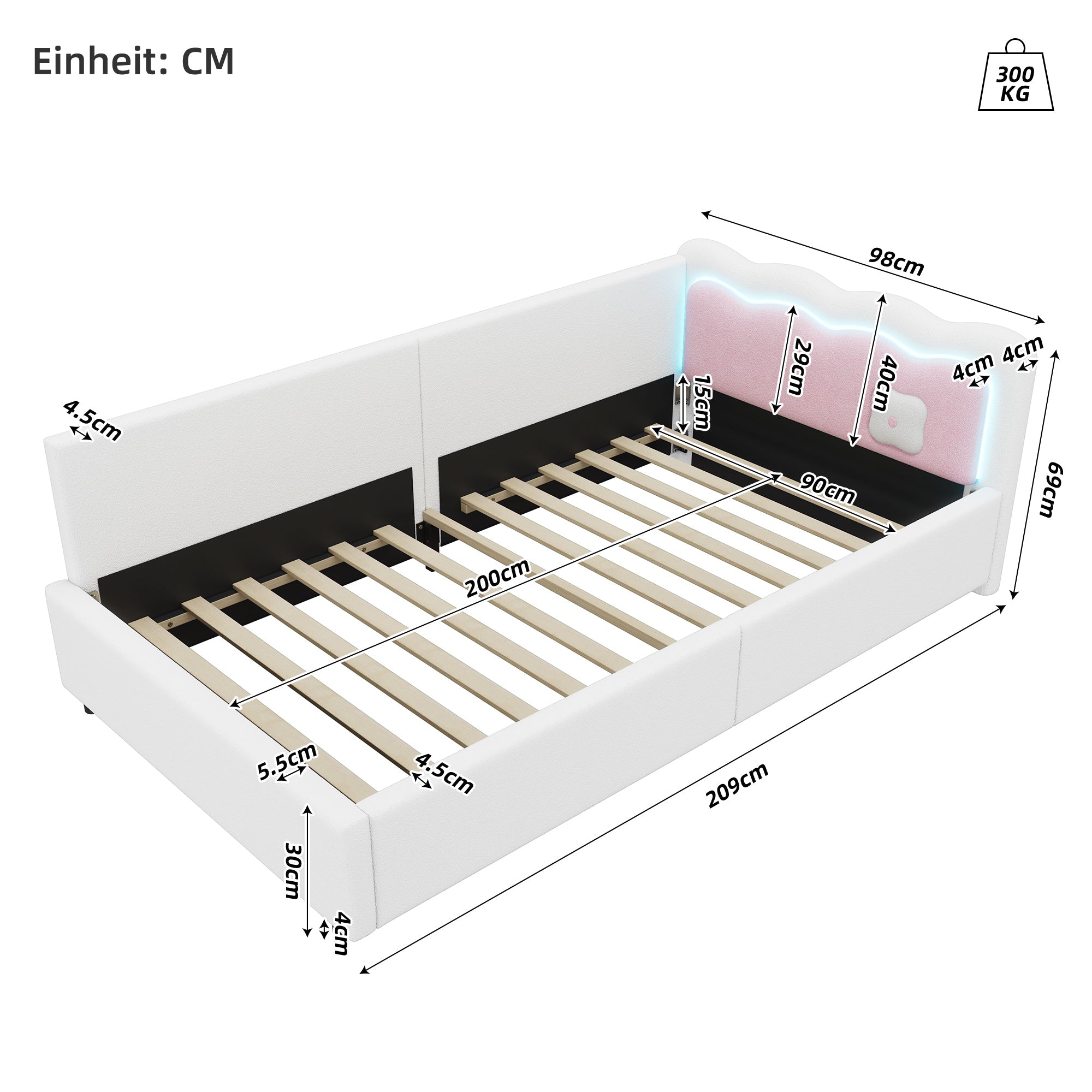 Daybed Sofa Bed 90x200cm LED Remote Control - White Imitation Fleece