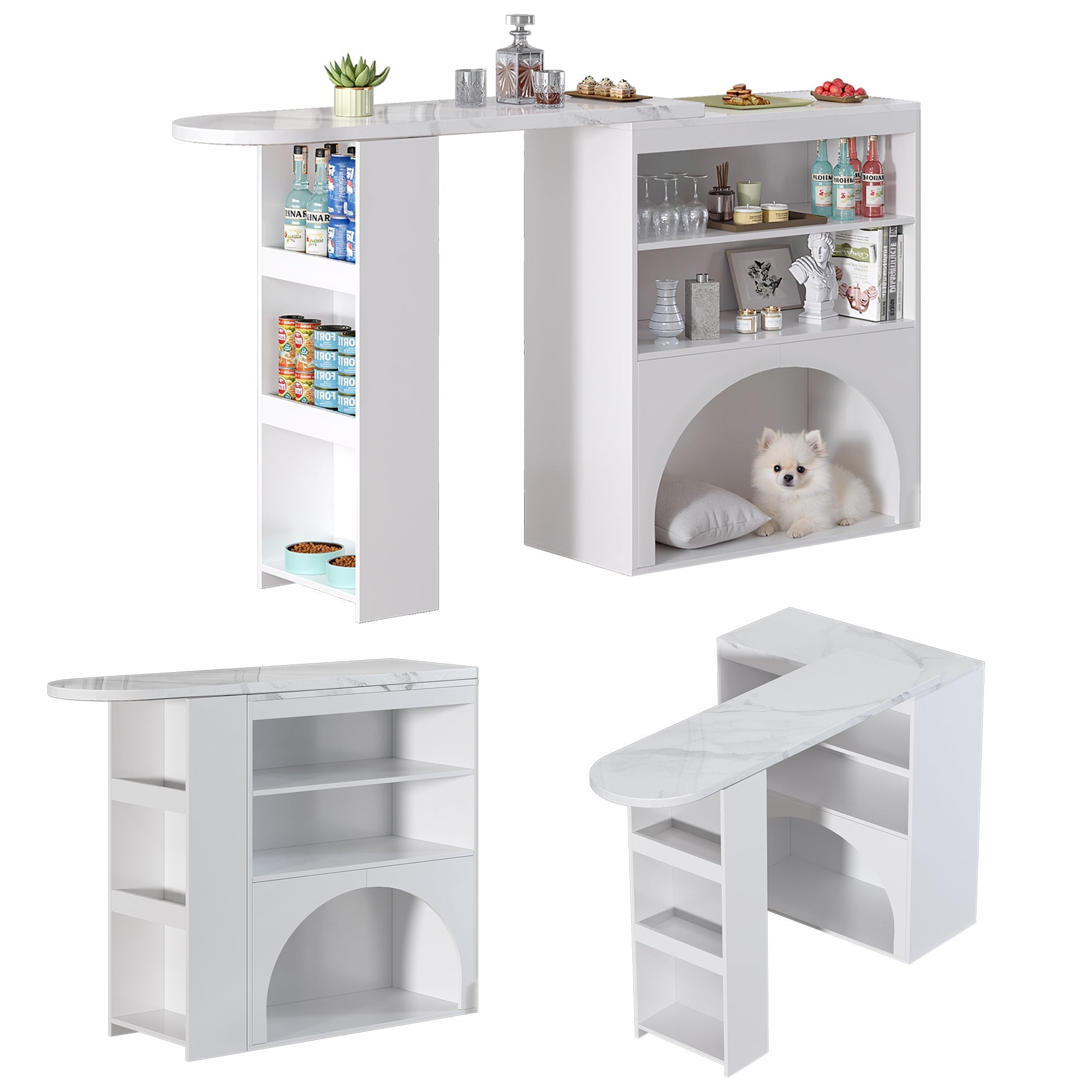 Extendable Table, Rotating High with Pet Area, White Marble Effect