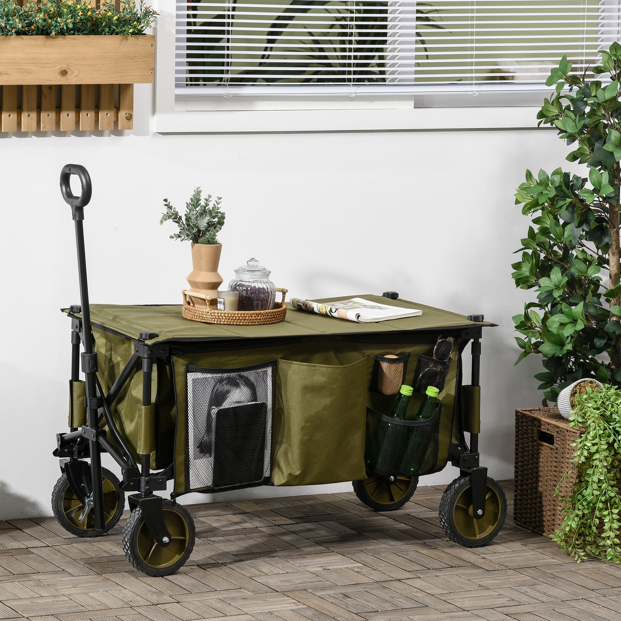 beach cart, foldable transport with 4 wheels, removable cover, height-adjustable handle, tilting tray, 5 storage bags, green