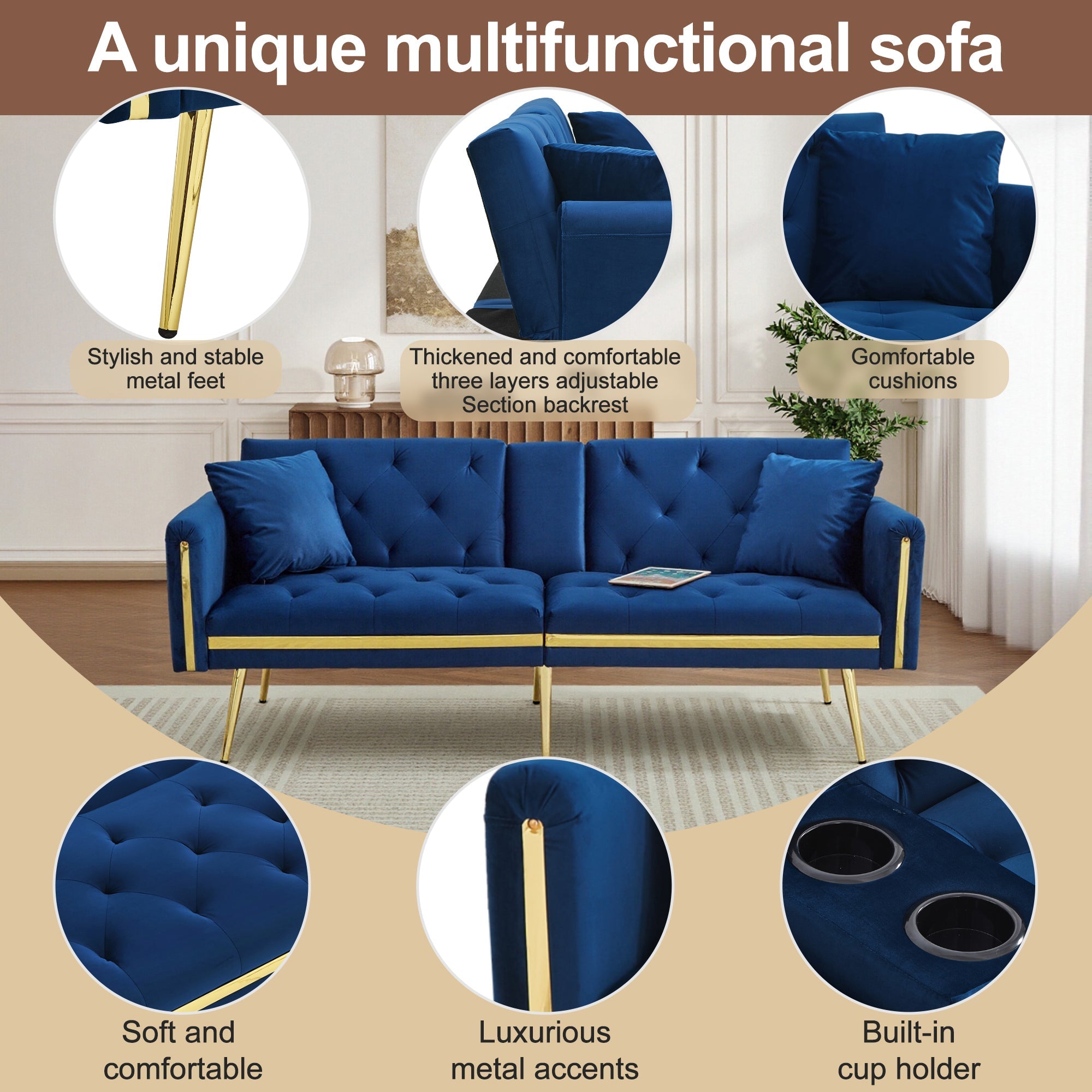 Two-seater Sofa Bed, Adjustable Backrest, Gold Accents, Cup Holders, Velvet