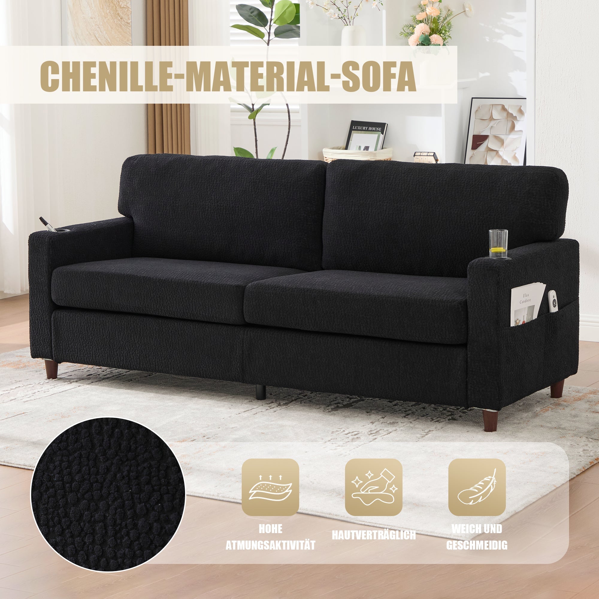 Modern 2-Seater Sofa USB-C LED Cup Holders Side Pockets - Black Chenille