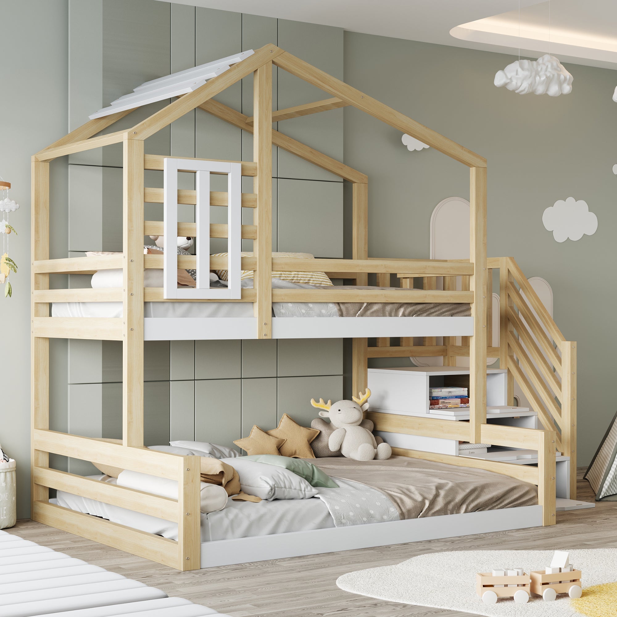 Bunk Bed 90x200cm with Window Railing Storage Steps Natural Pine Wood