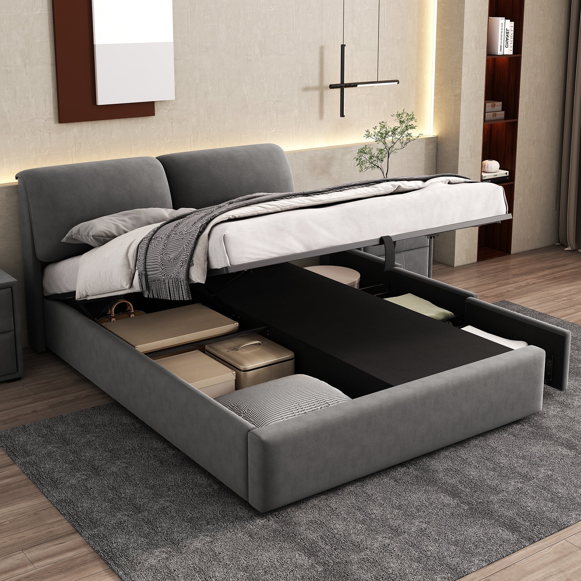 Upholstered Bed with Hydraulic Storage and 3 Drawers, 140x200cm, Grey Velvet
