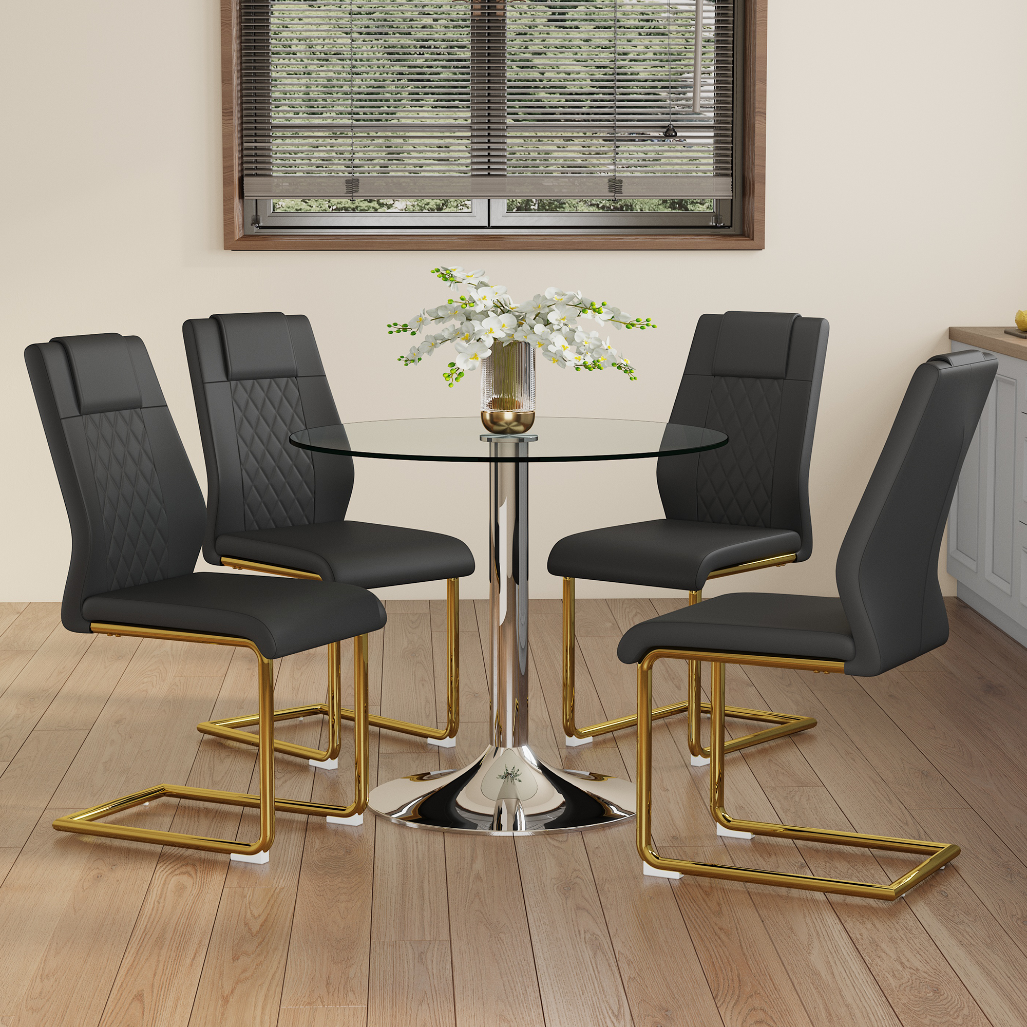 Dining Table Set Minimalist Glass 85cm 4 Chairs Gold Legs - Black PU