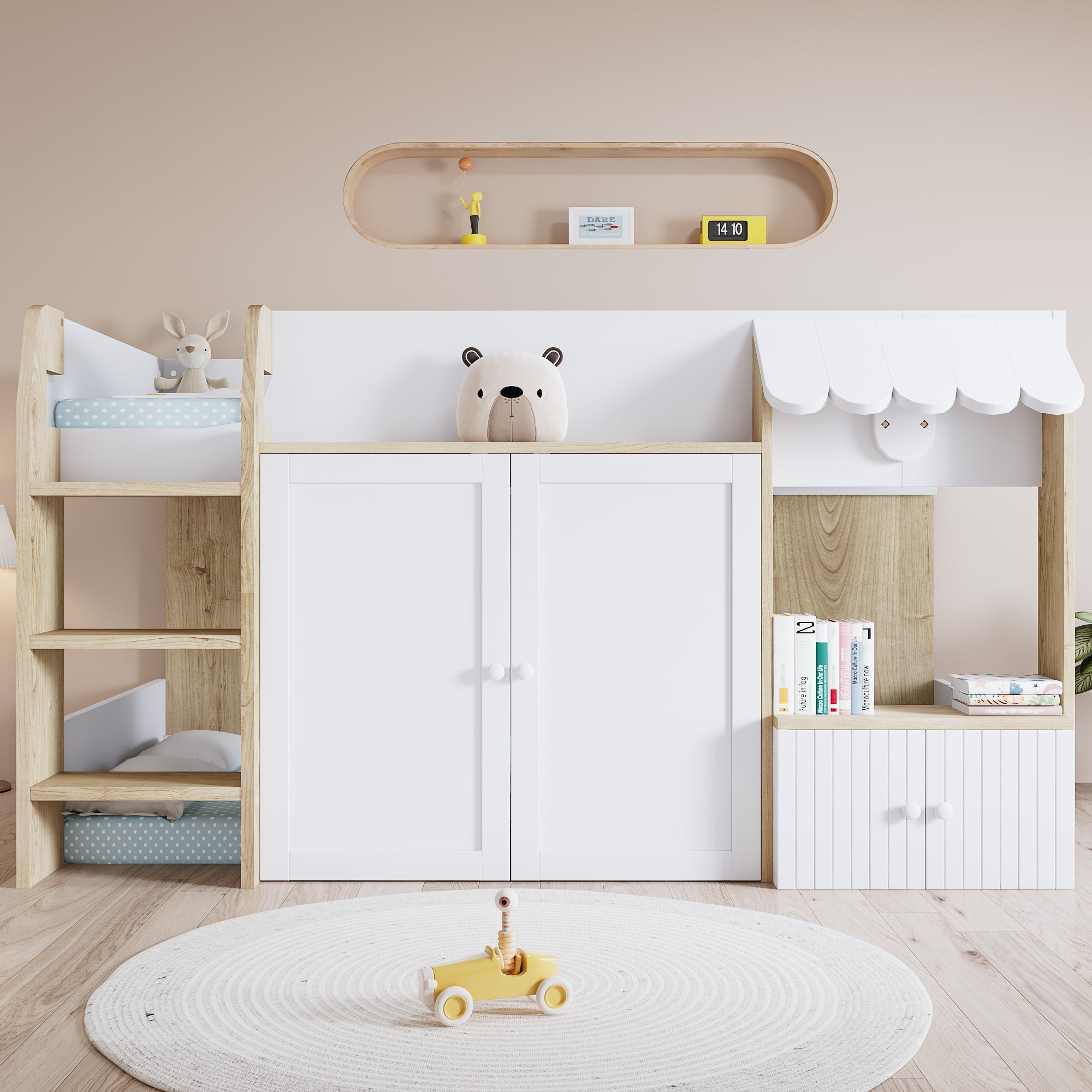Wooden High Sleeper Bed 3ft Single with Ladder and Storage Cabinets, White Pine + MDF + Plywood