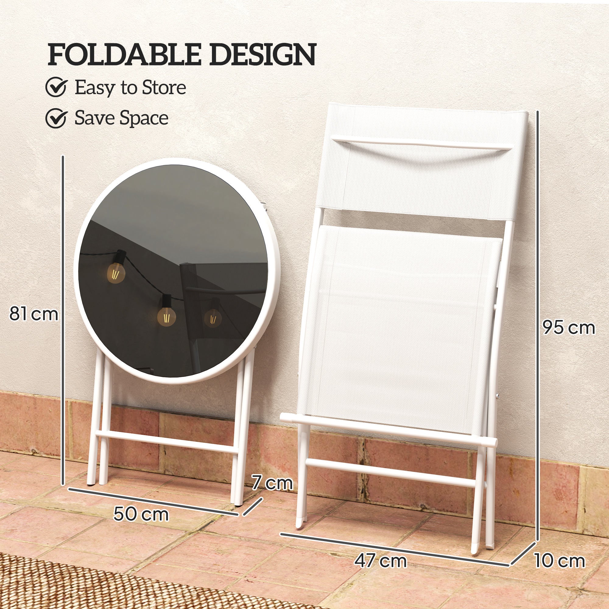3 Piece Outdoor Bistro Set, Glass Top Table and 2 Folding Chairs, White