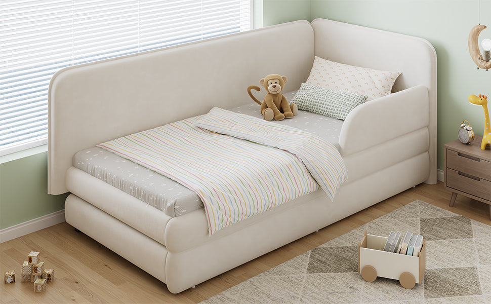 Upholstered Bed 3ft Single 90x190cm Drawer Footboard Side Rails Velvet Beige