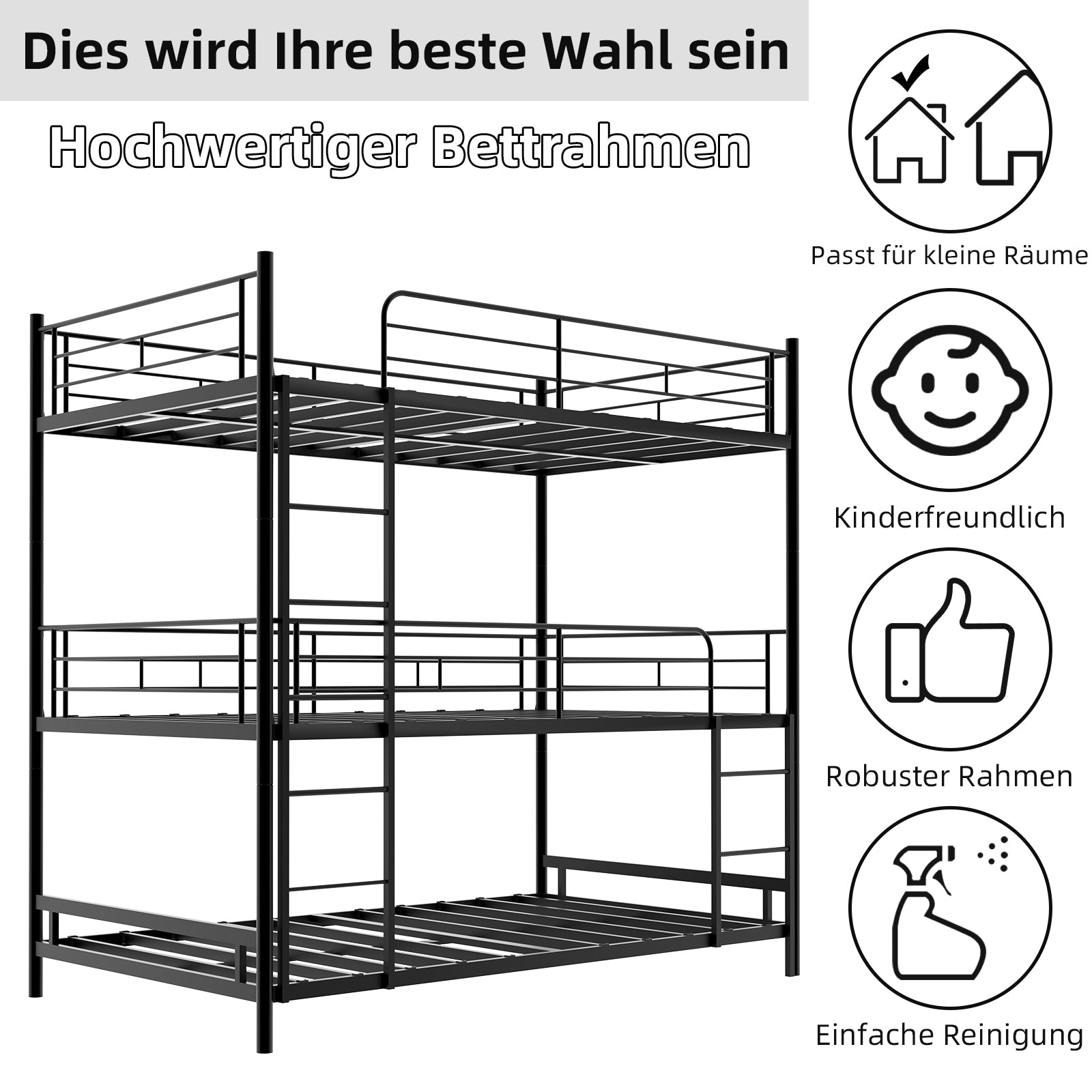Triple Frame Bed, Heavy-Duty with Ladder & Railing, Easy Assembly, Metal
