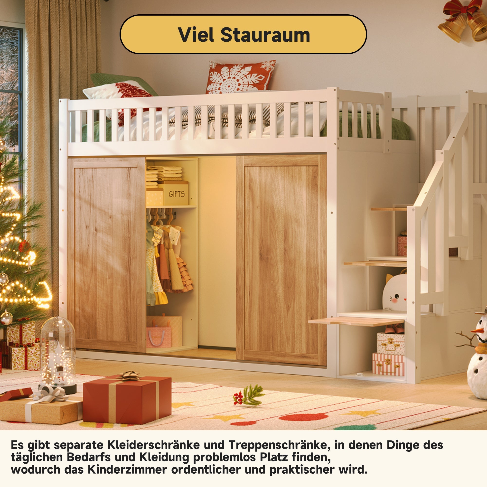 Children's Bunk Bed (90x200 cm) Multifunctional with Wardrobe Staircase LED Strip - White and Oak