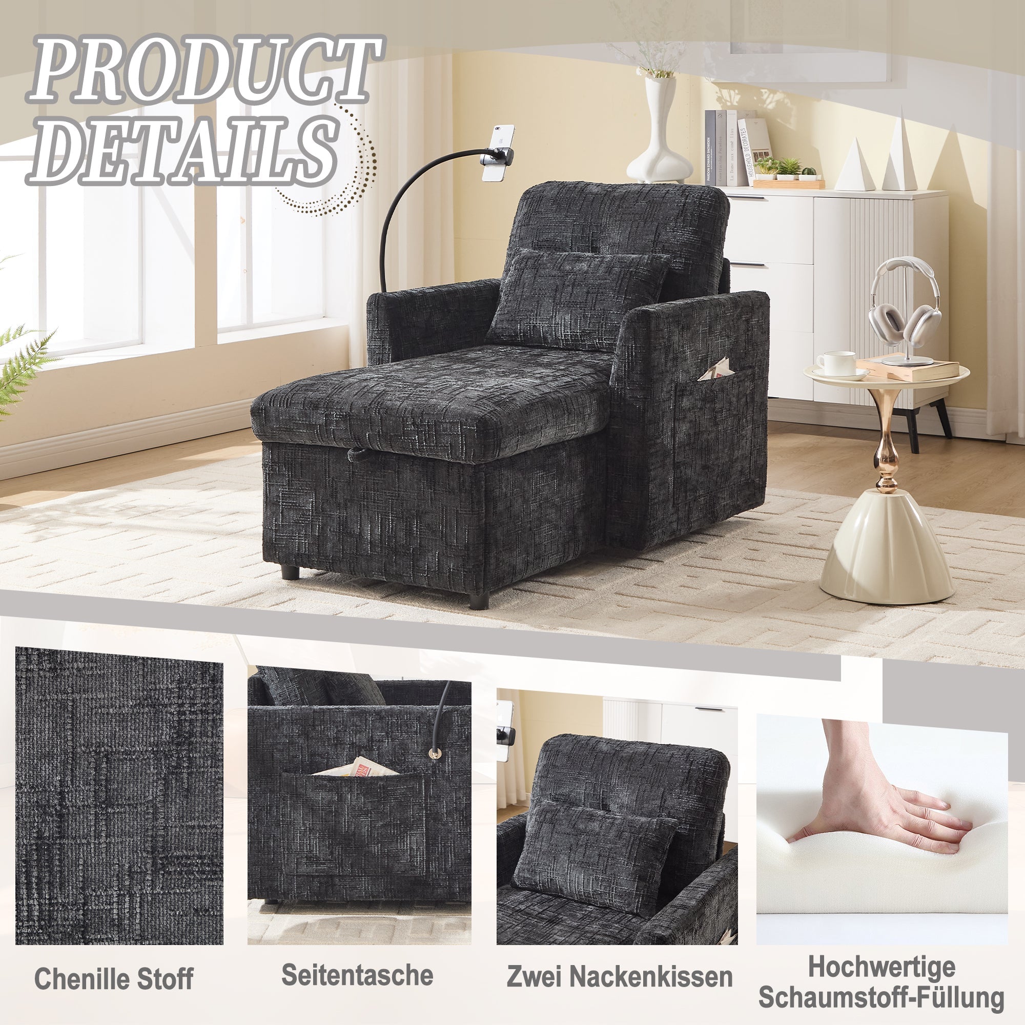 Lazy Sofa, Multifunctional with Phone Holder & Stowable Backrest, Chenille