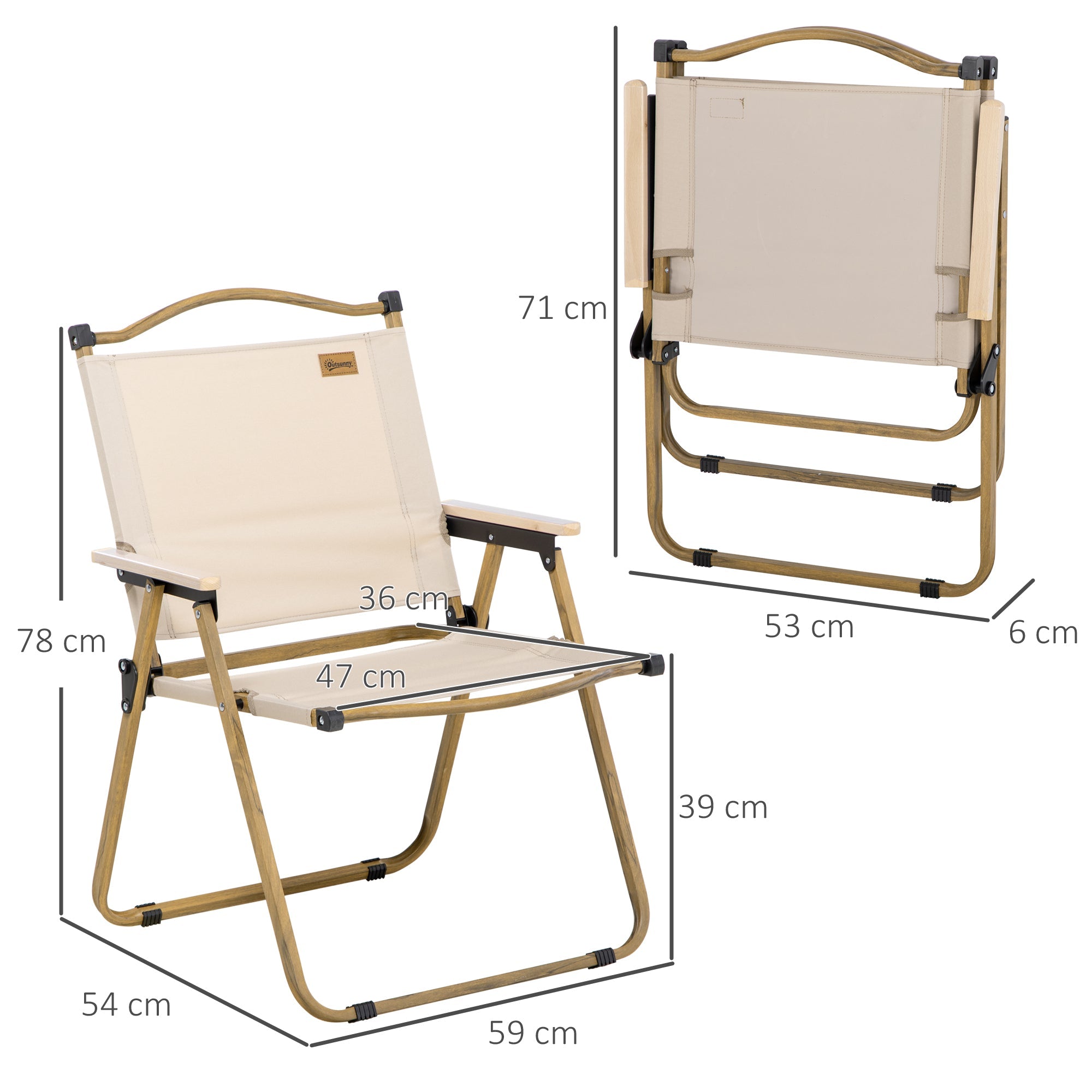 Camping Chair Set of 2 Foldable Steel Frame Wood Look Khaki Oxford