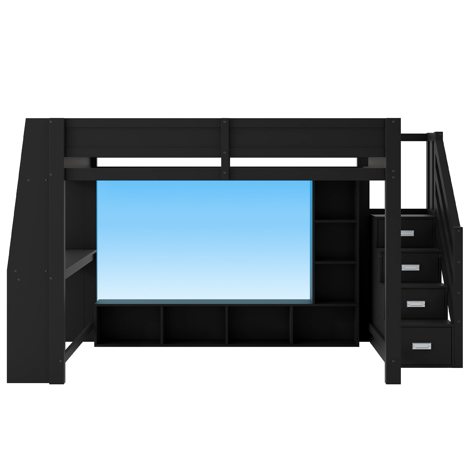 Loft Bed 140x200 with Desk, Storage, LED Lighting, Stairs - Wooden/Black