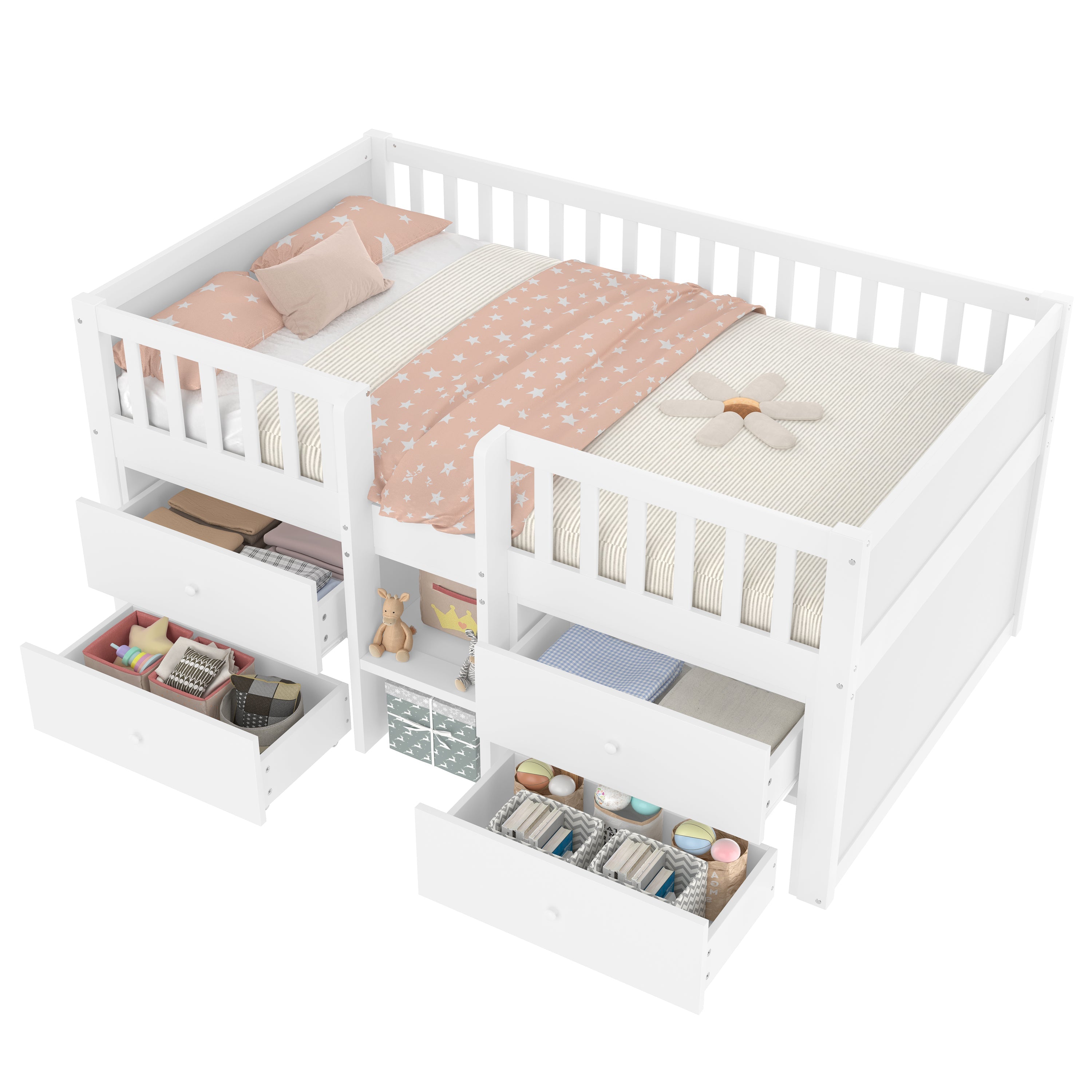 Low Loft Bed with Storage, 3ft Single Bed with Guardrail, Solid Wood, White