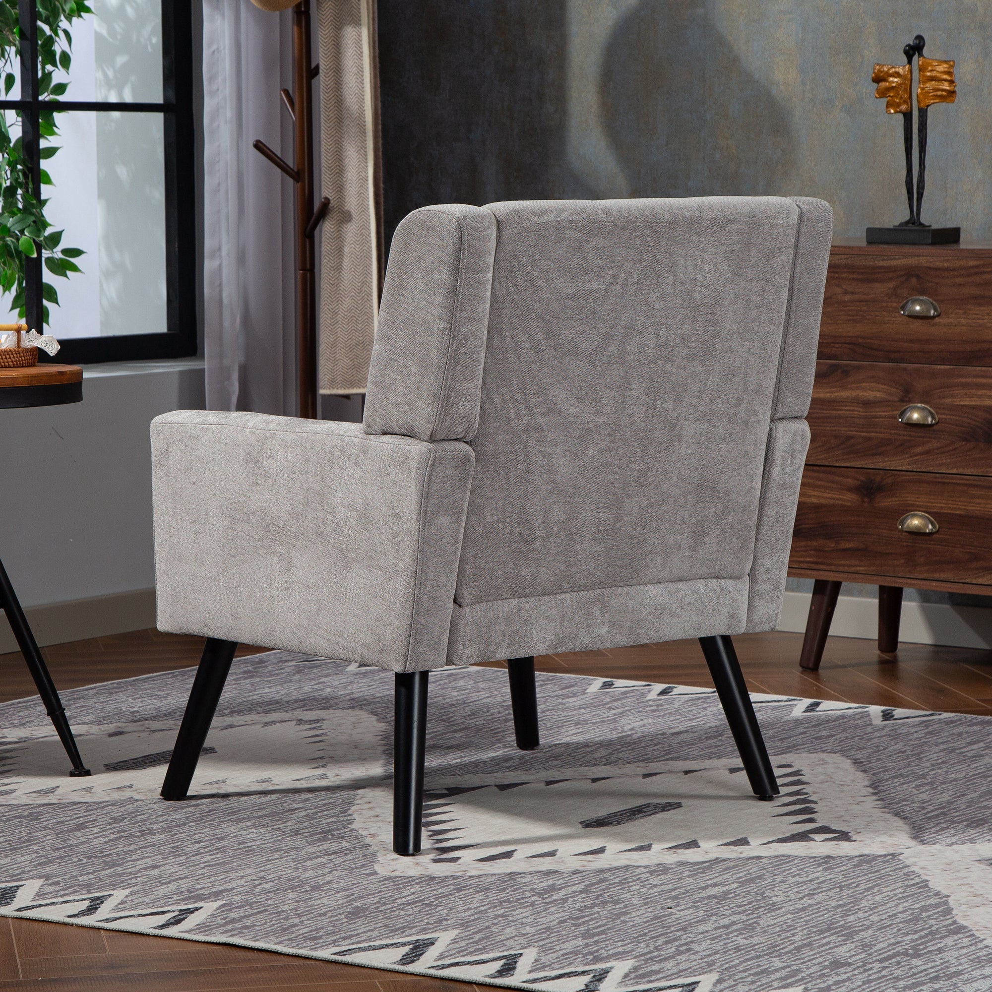Mid-Century Modern Armchair with Buttoned Padding and Solid Wood Legs, Black Suede