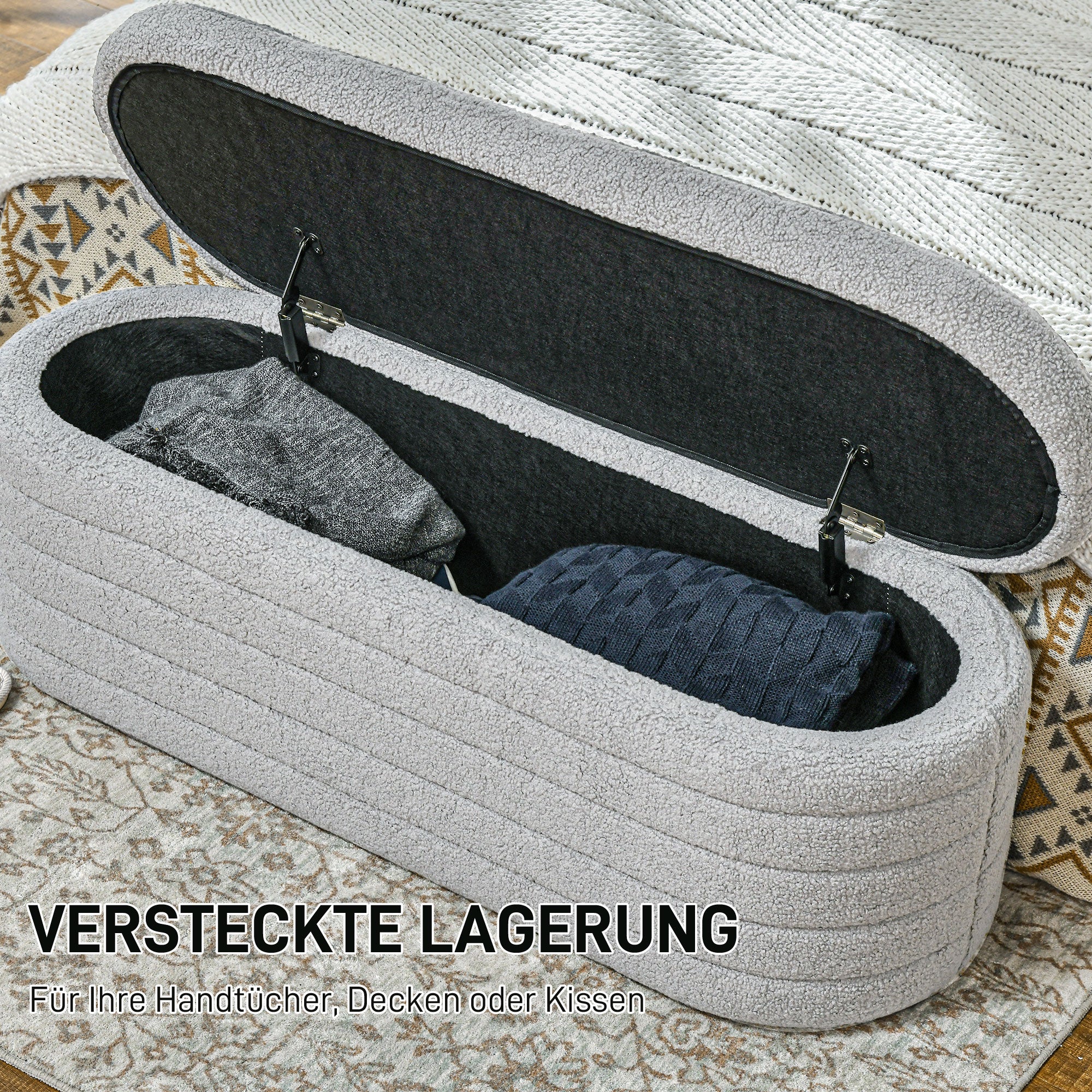 Bedroom Bench Storage Wooden Legs Teddy-Fleece Light Grey