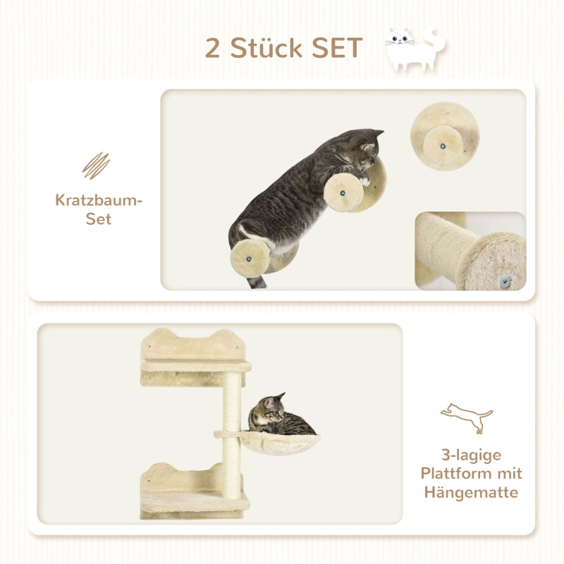 Kletterstufen für Katzen, 4-teiliges Wandtreppen-Set mit Kratzbaum & Hängematte, Beige/Cremeweiß
