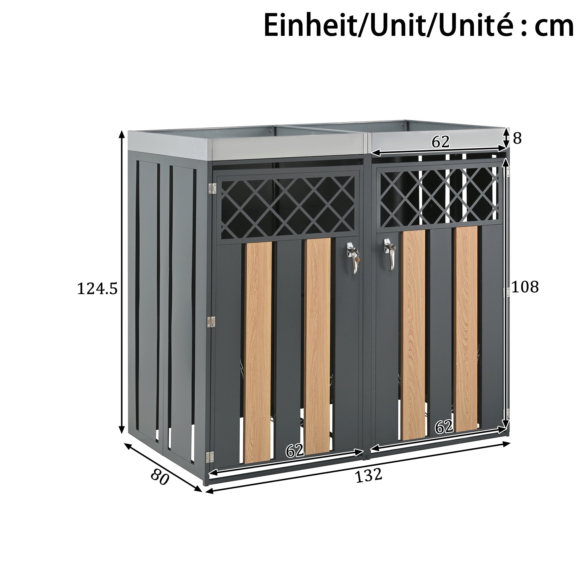 Garbage Can Enclosure with Diamond Ventilation and Planting Area, Lockable 2-Door, Steel