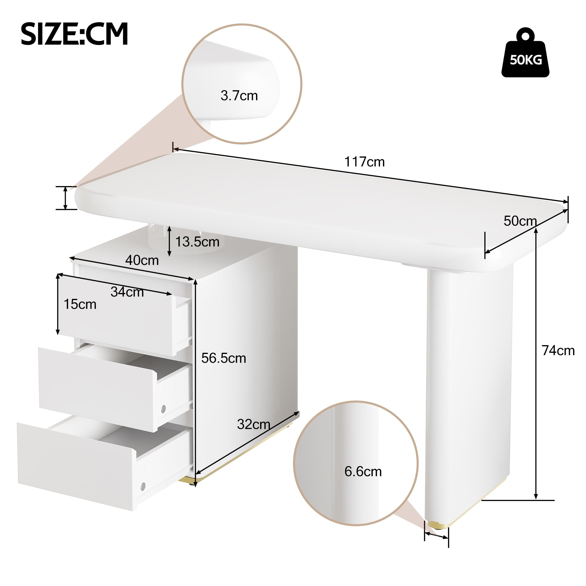 Modern Desk, 117×50×74 cm, Cloud Shape, 3 Drawers, White Lacquer Finish