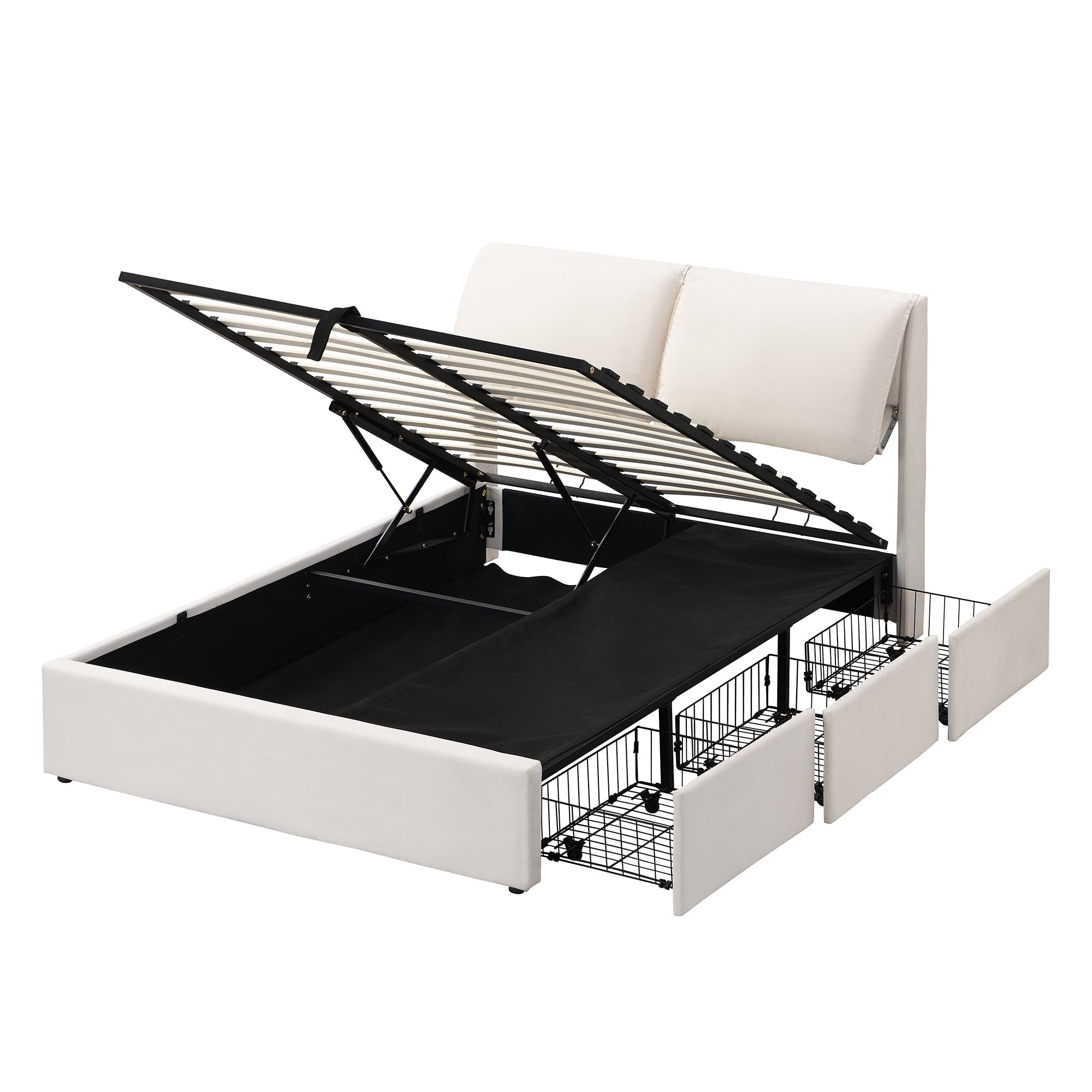 Upholstered Bed with Hydraulic Storage and 3 Drawers, 140x200cm, Beige Velvet