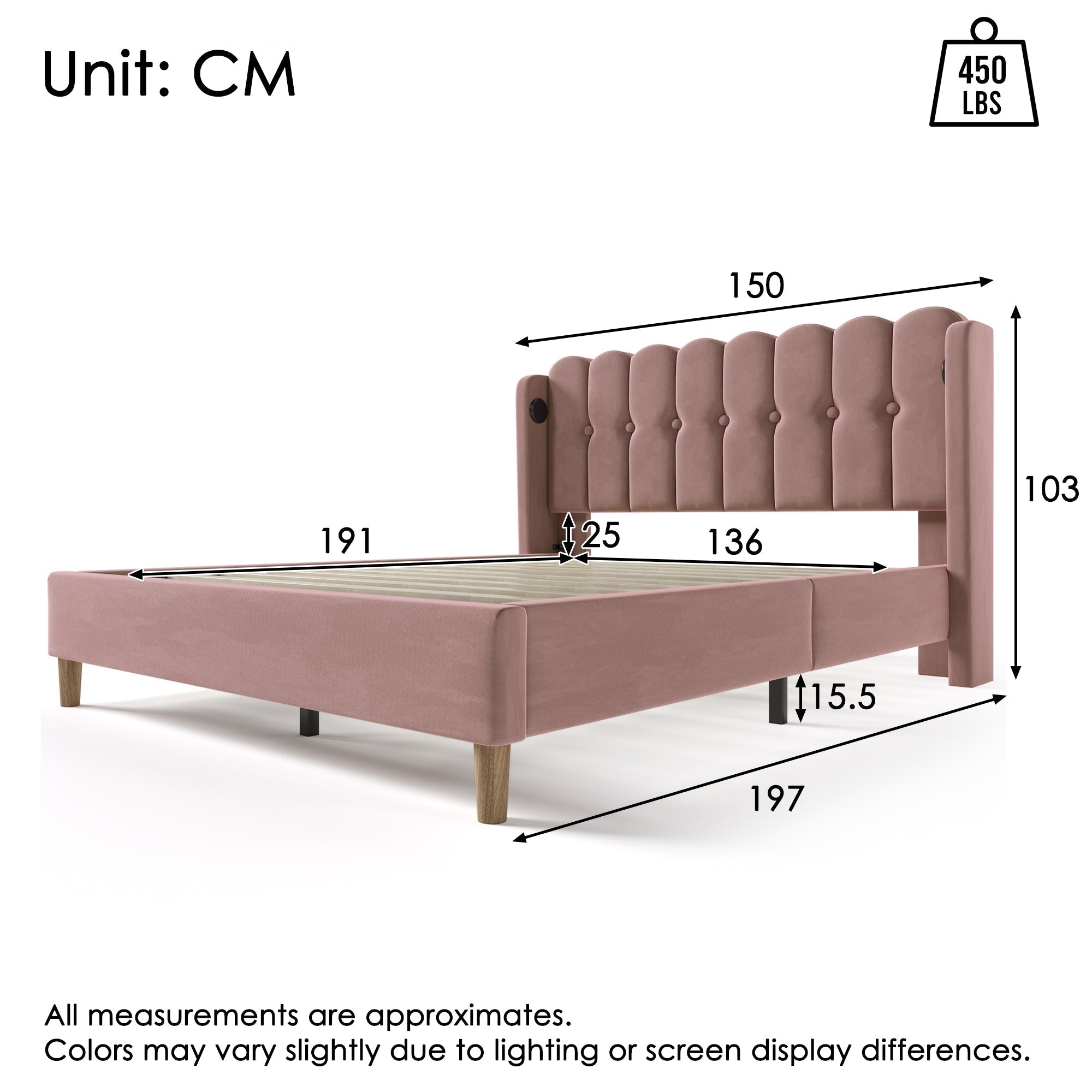 Upholstered Double Bed with USB and Type-C Charging, Pink, Velvet Material