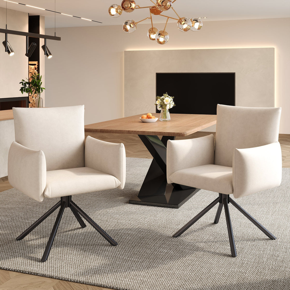 Dining Chairs Set of 4 Upholstered Swivel 360° Lumbar Support - Velvet Beige