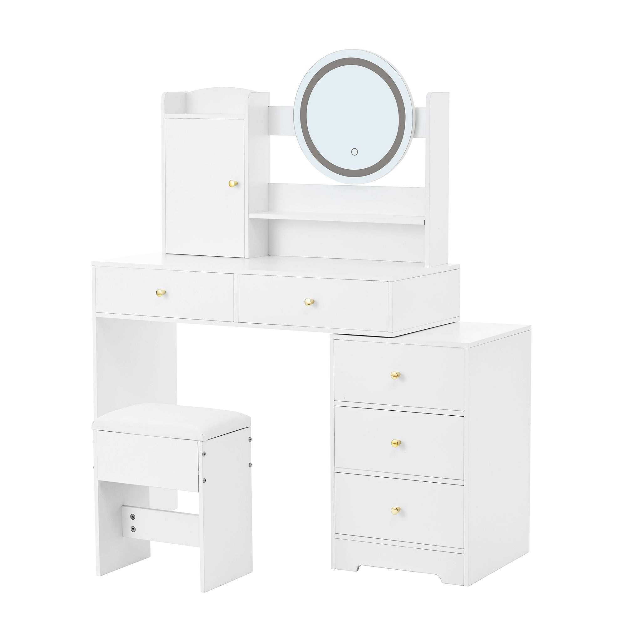 Dressing Table with Dimmable LED Lighting, Integrated Outlets, Mirror, Stool, 5 Drawers, Door Compartment, White