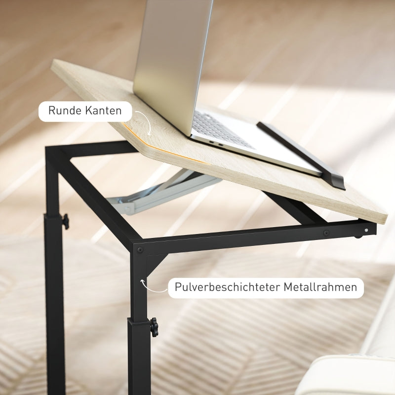 C-shaped side table, height-adjustable coffee laptop table with wheels, white