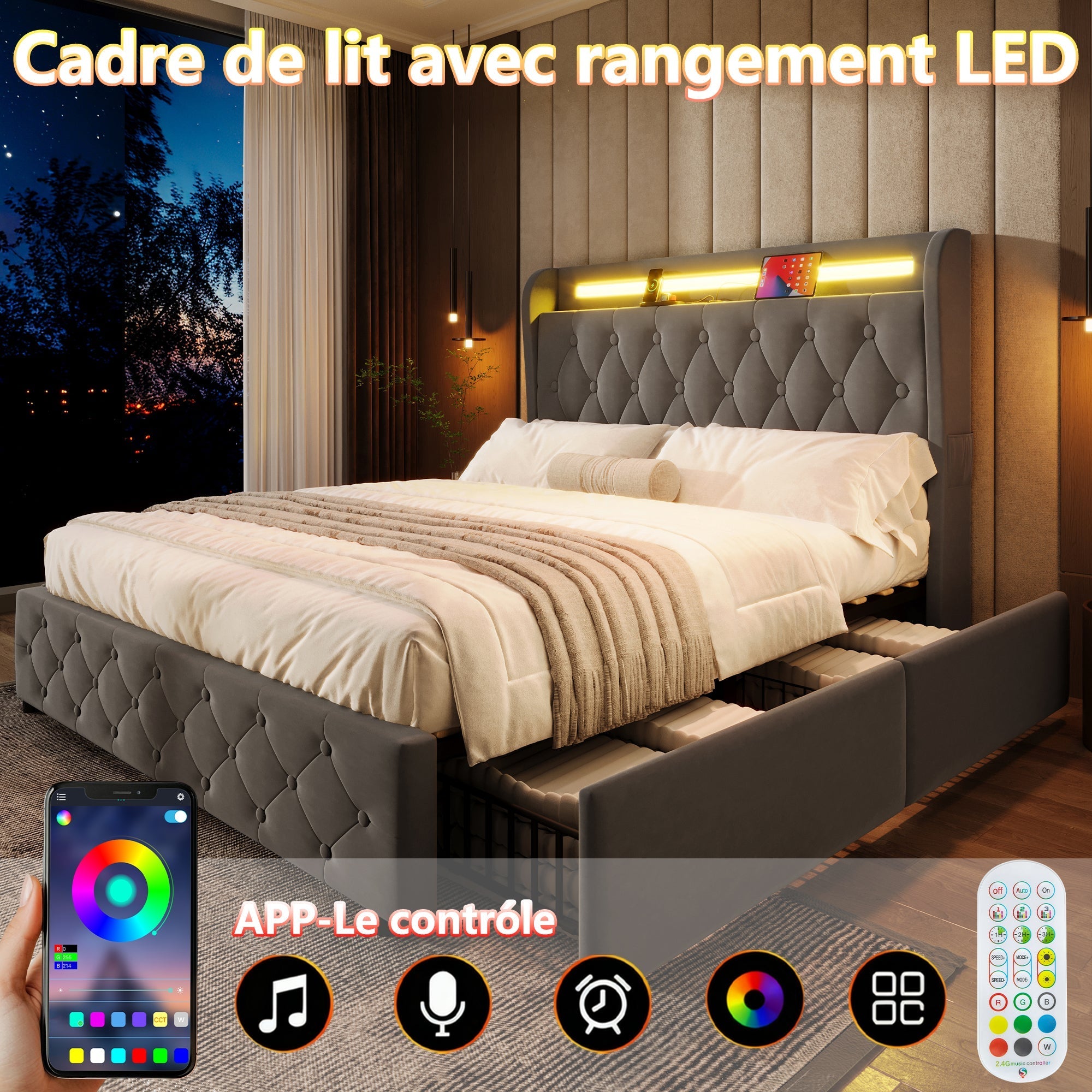 Upholstered Bed 140x190cm LED USB Storage Headboard 4 Drawers - Velvet