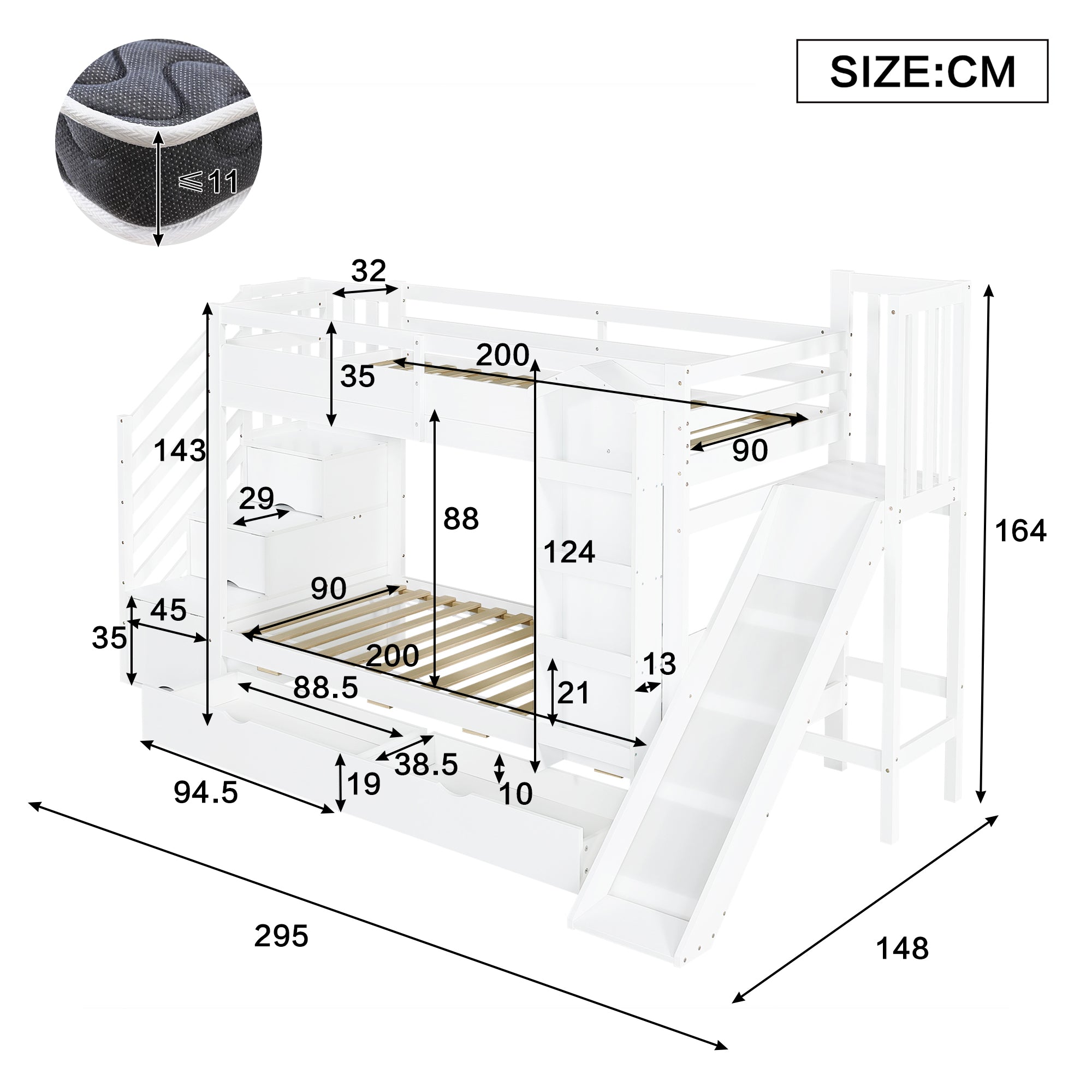 Bunk Bed with Slide, Stair Storage, Bookshelf and Drawers, 90x200cm, White Pine + MDF