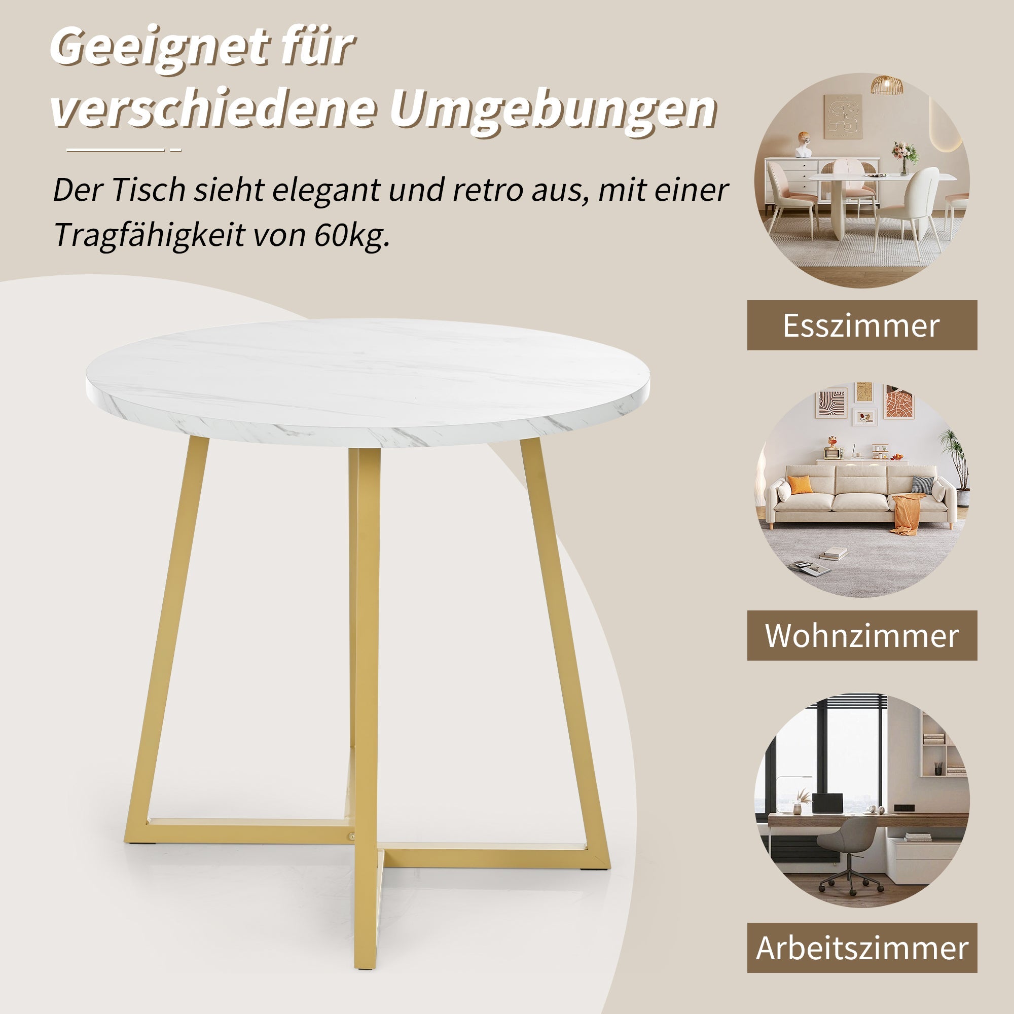 Dining Table Set (5-piece) Round 80cm Kitchen Table White MDF, Gold Metal/Black Velvet