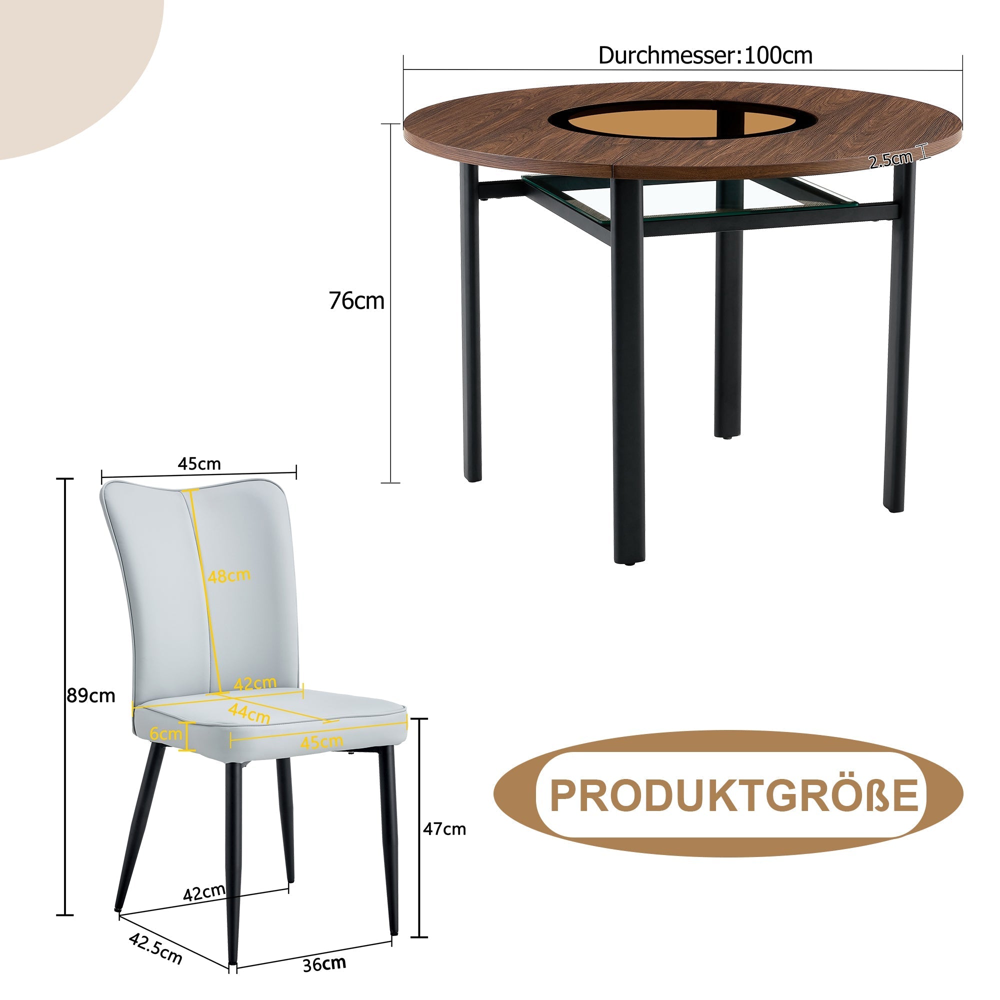 Round Dining Table Set 100cm with 4 PU Chairs - Wood Look/Light Grey