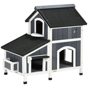 Fir Wood Cat House, 2-Level Multi-Entrance Cat Hut with Asphalt Roof
