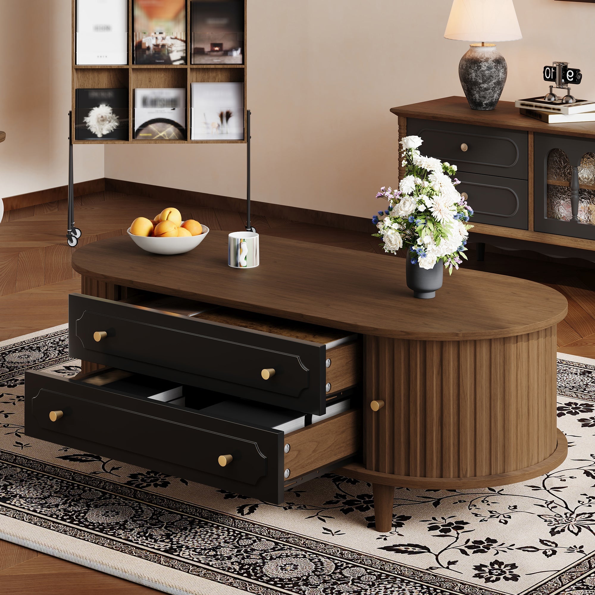 Coffee Table with 2 Drawers and Roll-up Doors, Walnut and Black