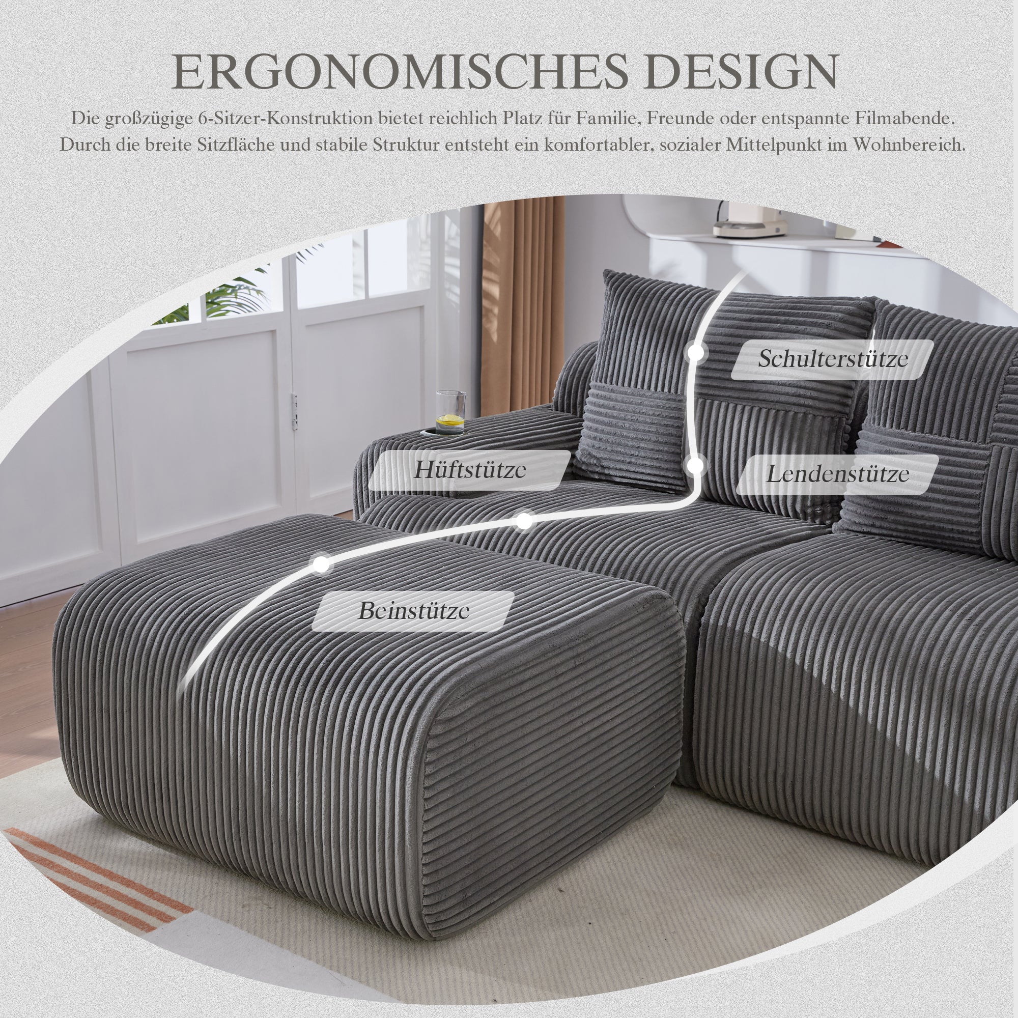Modular Corduroy Sofa - 3-Seater with 2 Ottomans, Cup Holders, Storage Pocket - Dark Grey