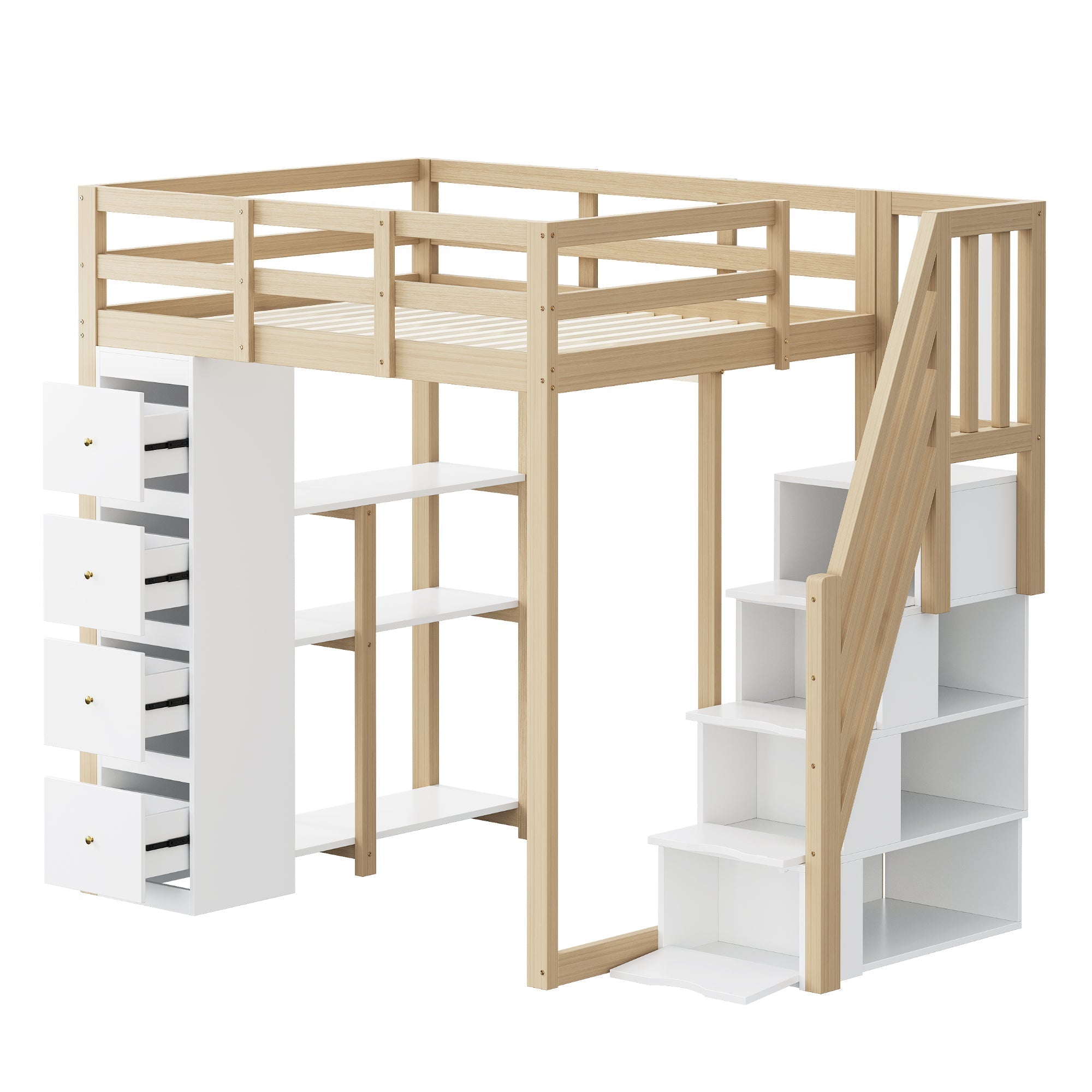 Loft Bed with 4 Drawers and Storage Stairs, 140x200 cm, White and Natural Wood