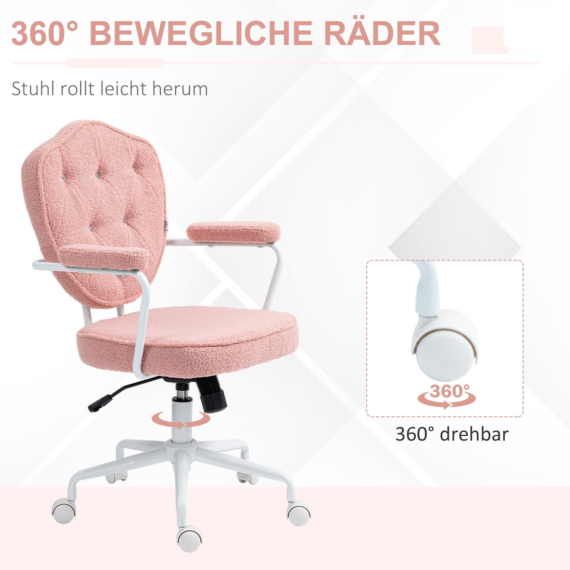 Bürostuhl, ergonomischer Schreibtischstuhl mit Wippfunktion und Drehfunktion, Pinker Teddyfleece
