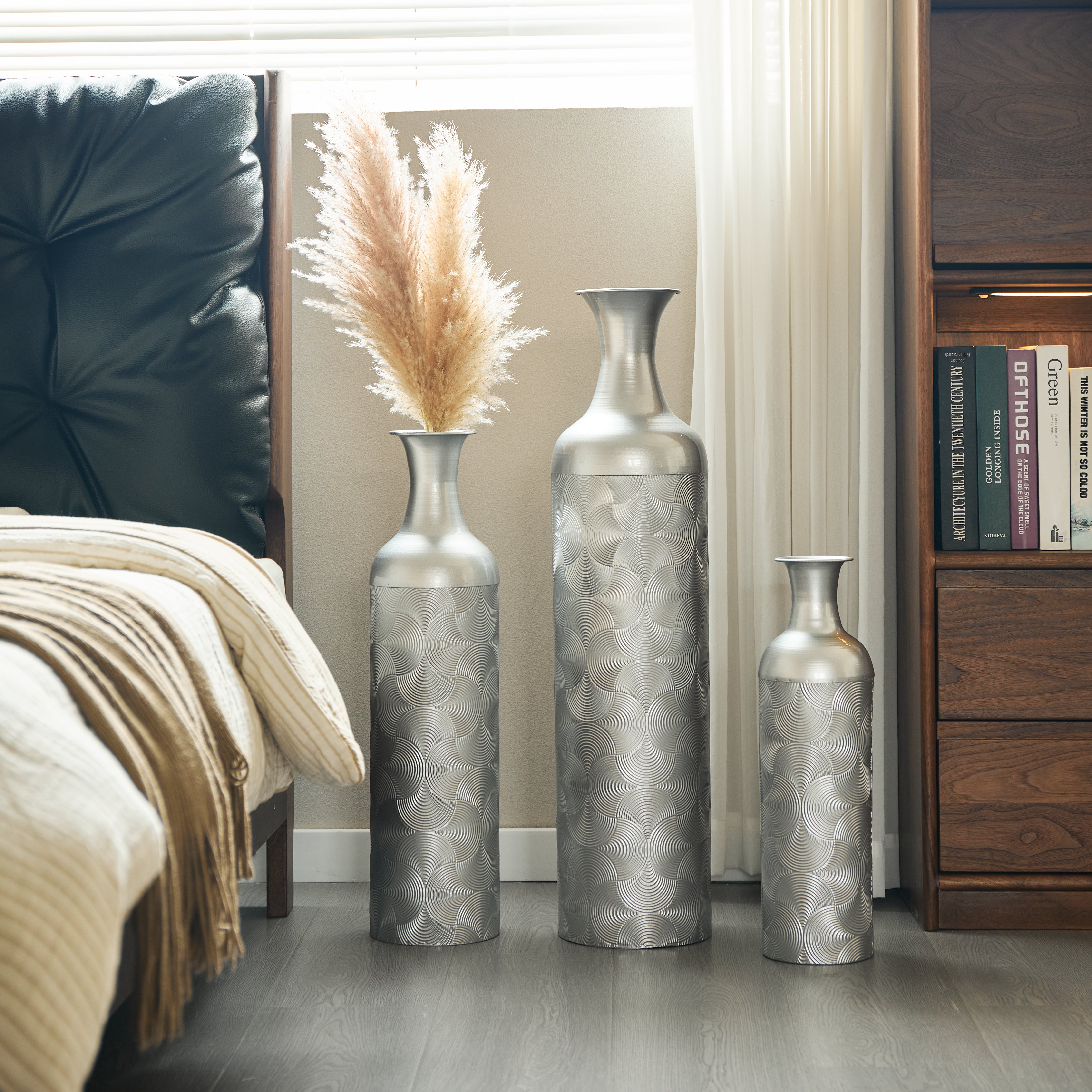 Silver Floor Vase Set 3 Decorative Vases 83/65/50cm High Metal