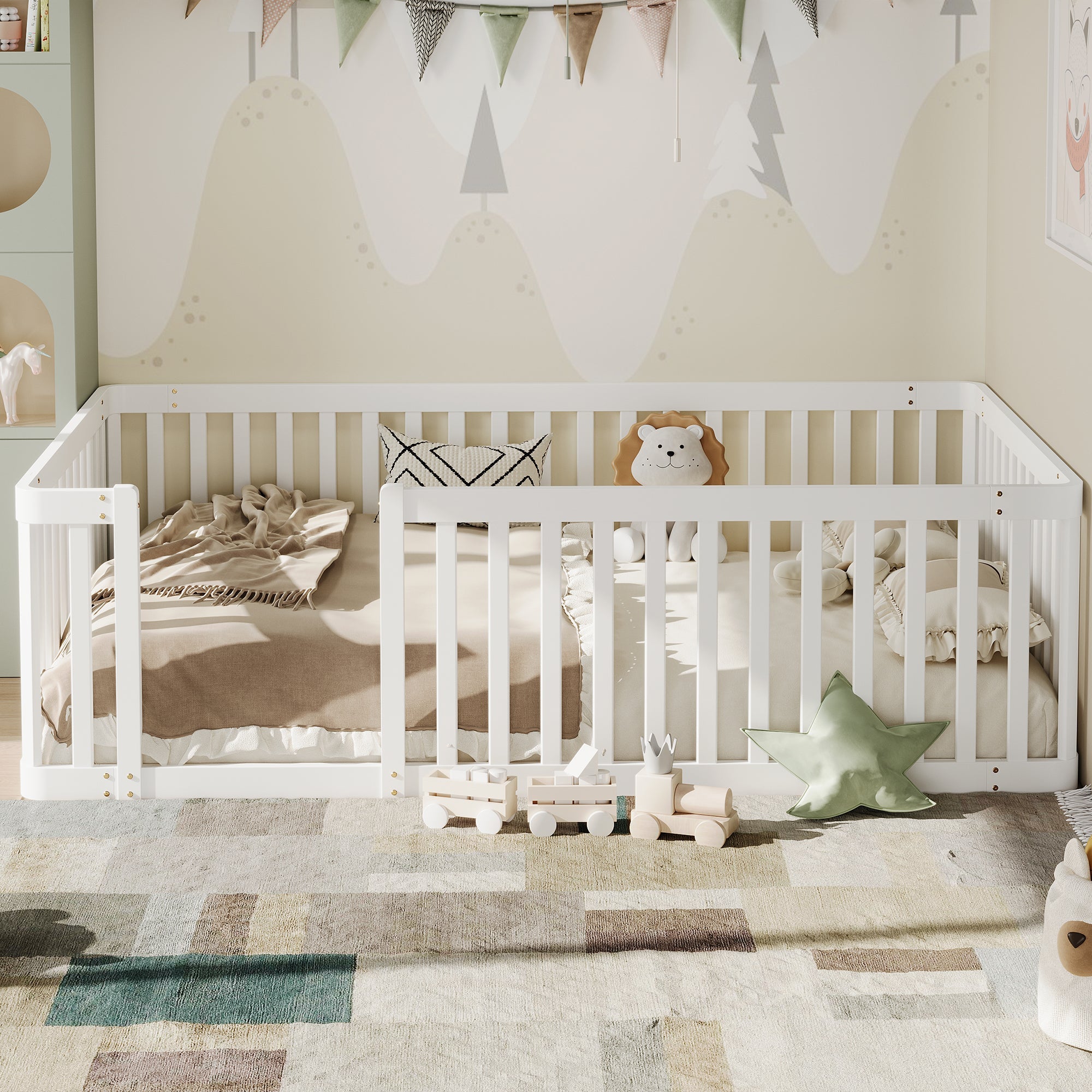 Wooden Bed Frame with Safety Fence, 90x200cm, White Pine Wood