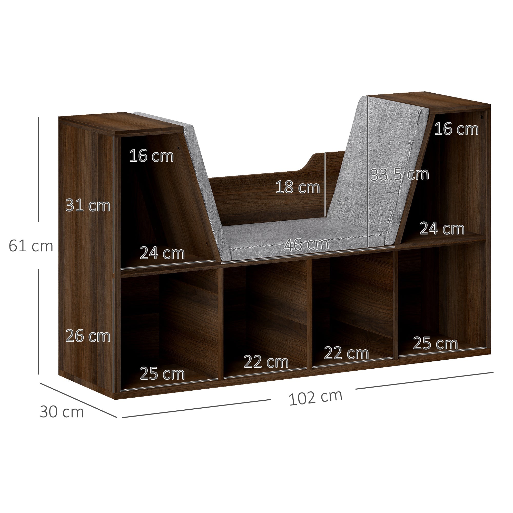 Bookcase Storage Shelf with Cushioned Reading Seat, Cube Organizer, Chestnut